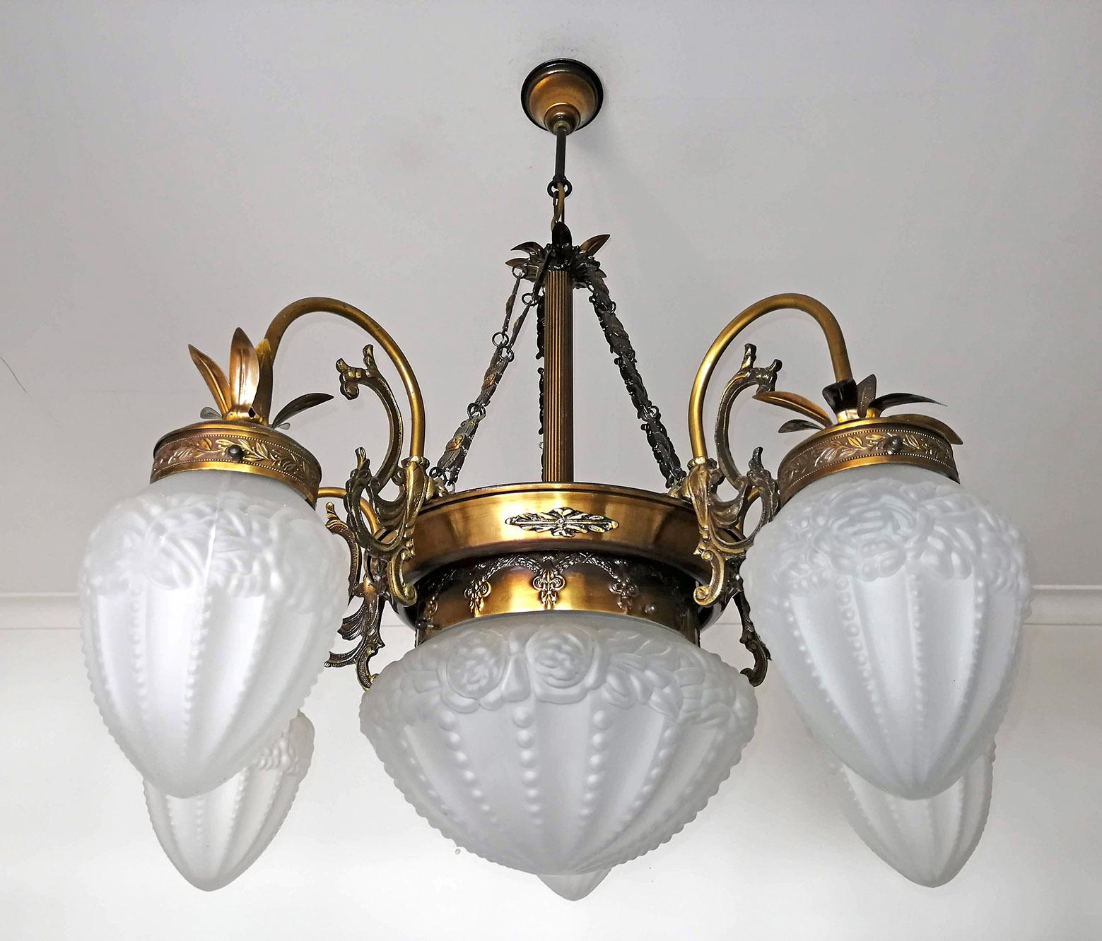 French Art Deco Art Nouveau Gold and Bronze Color, Glass Degué Style Chandelier For Sale