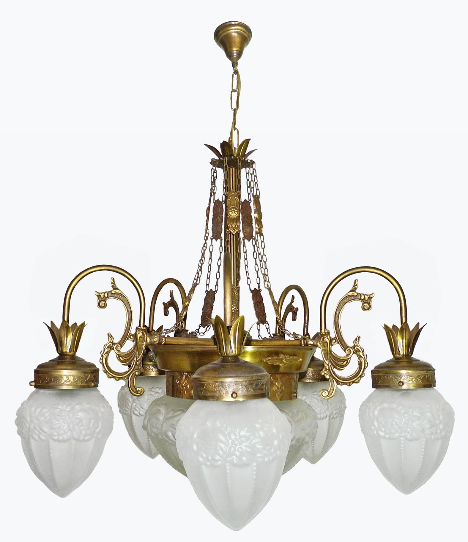 Frosted Art Deco Art Nouveau Gold and Bronze Color, Glass Degué Style Chandelier For Sale