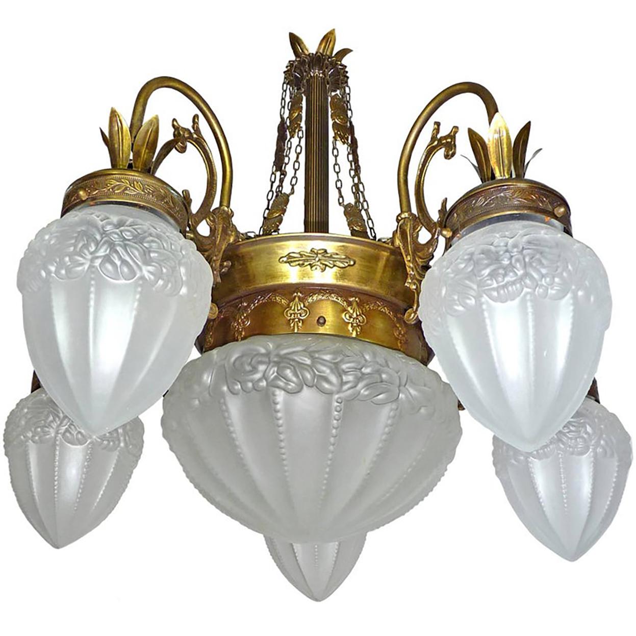20th Century Art Deco Art Nouveau Gold and Bronze Color, Glass Degué Style Chandelier