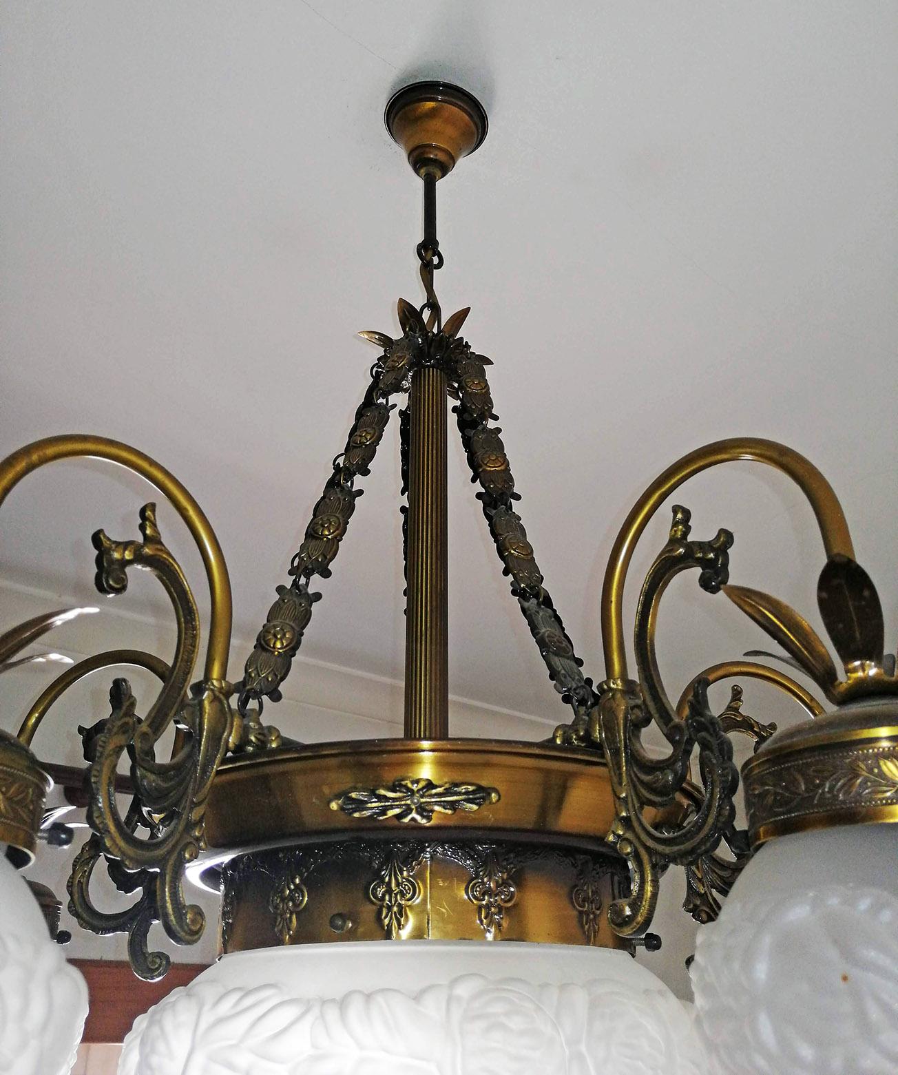 Brass Art Deco Art Nouveau Gold and Bronze Color, Glass Degué Style Chandelier