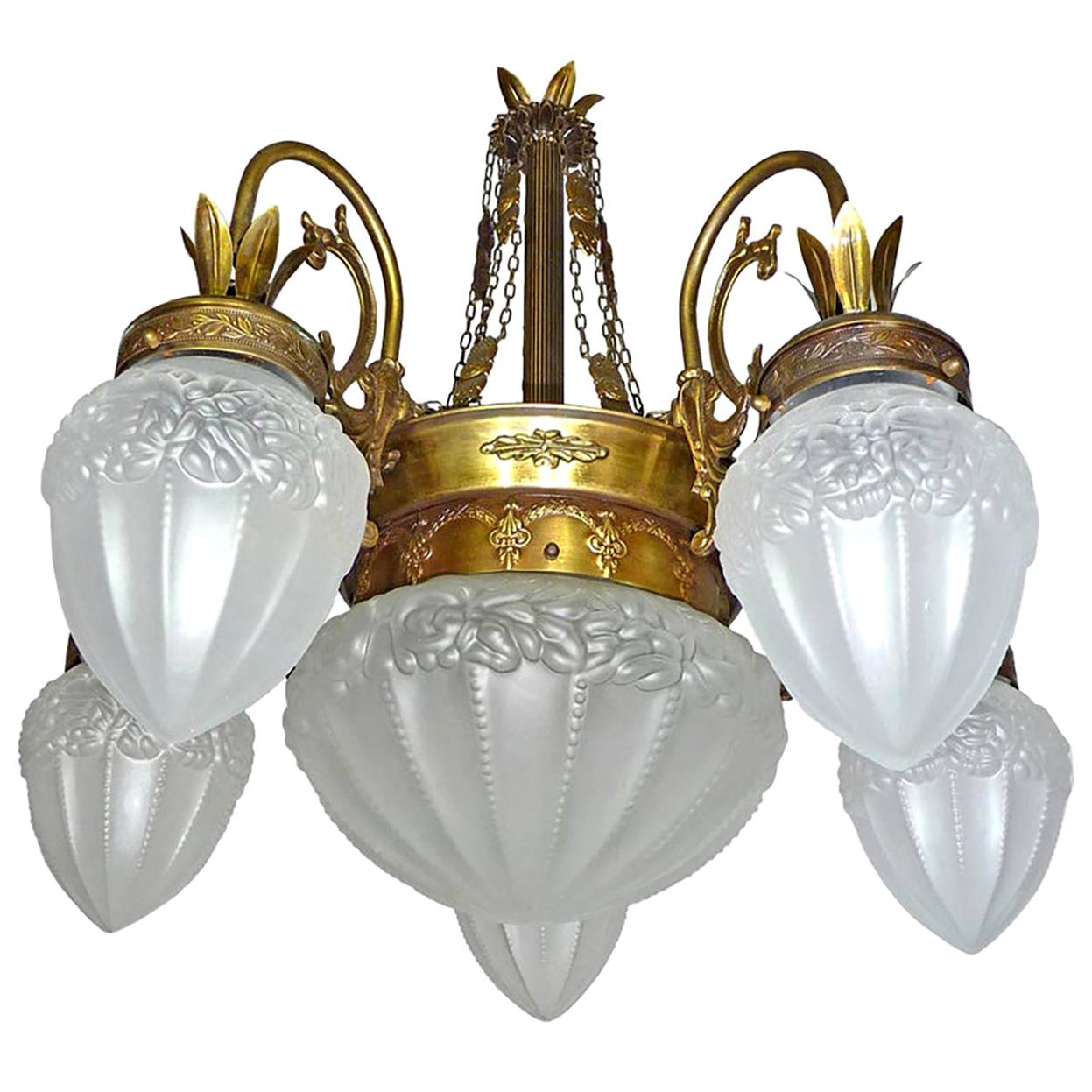 Art Deco Art Nouveau Gold and Bronze Color, Glass Degué Style Chandelier