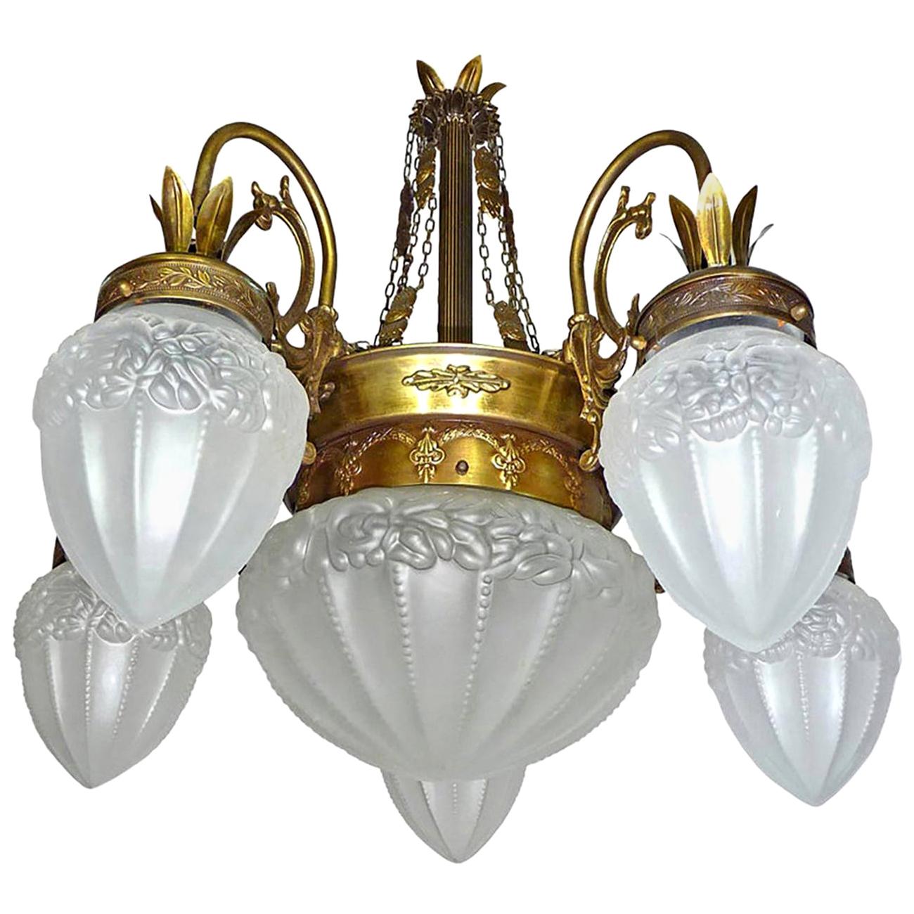 Art Deco Art Nouveau Gold and Bronze Color, Glass Degué Style Chandelier For Sale