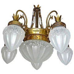 Art Deco Art Nouveau Gold and Bronze Color, Glass Degué Style Chandelier