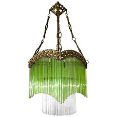 Art Deco & Art Nouveau Green and Clear Glass Fringe and Gilt Bronze Chandelier