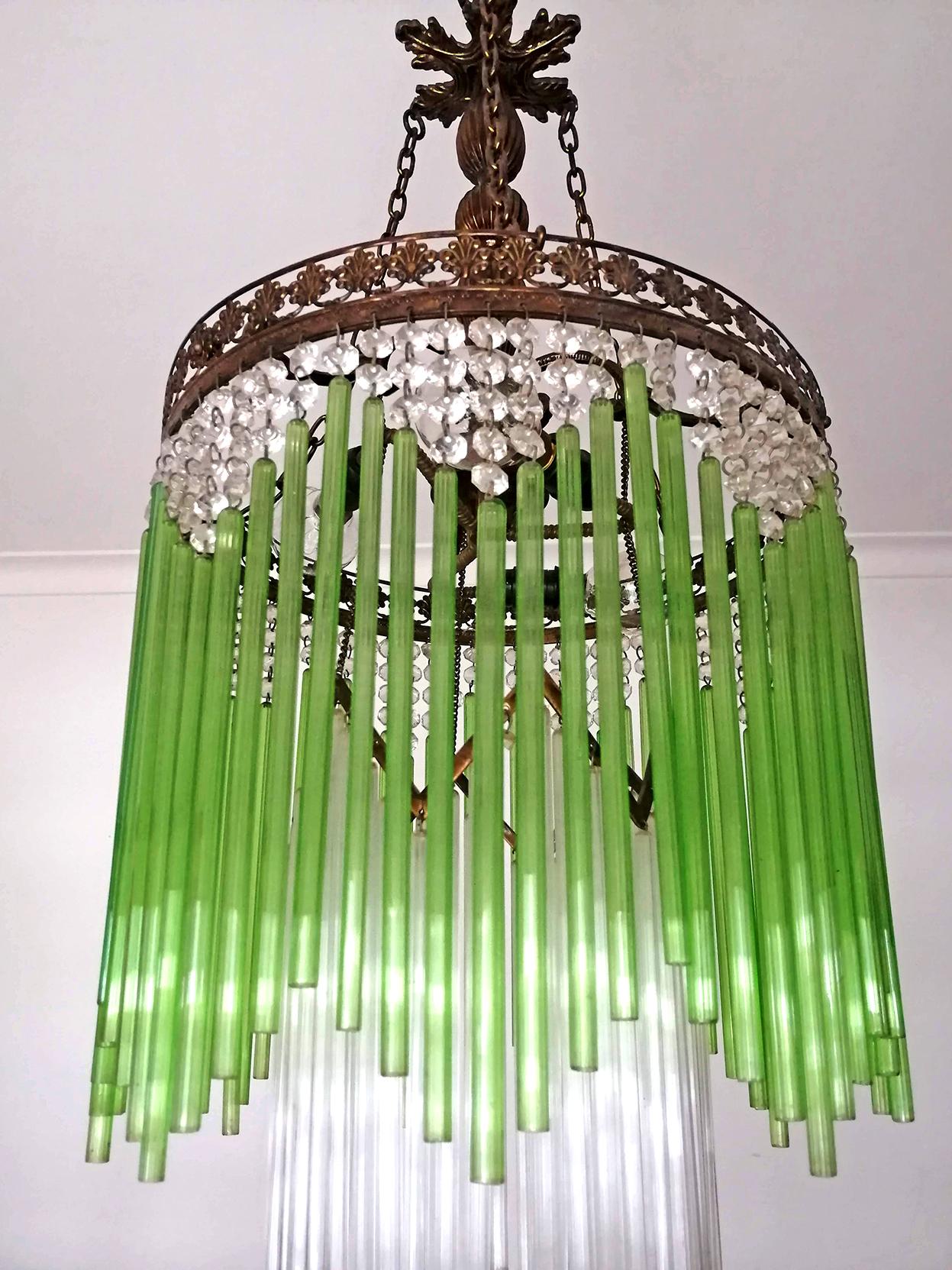 Italian Art Deco & Art Nouveau Green Glass Fringe & Crystal Beaded Glass Chandelier 1930