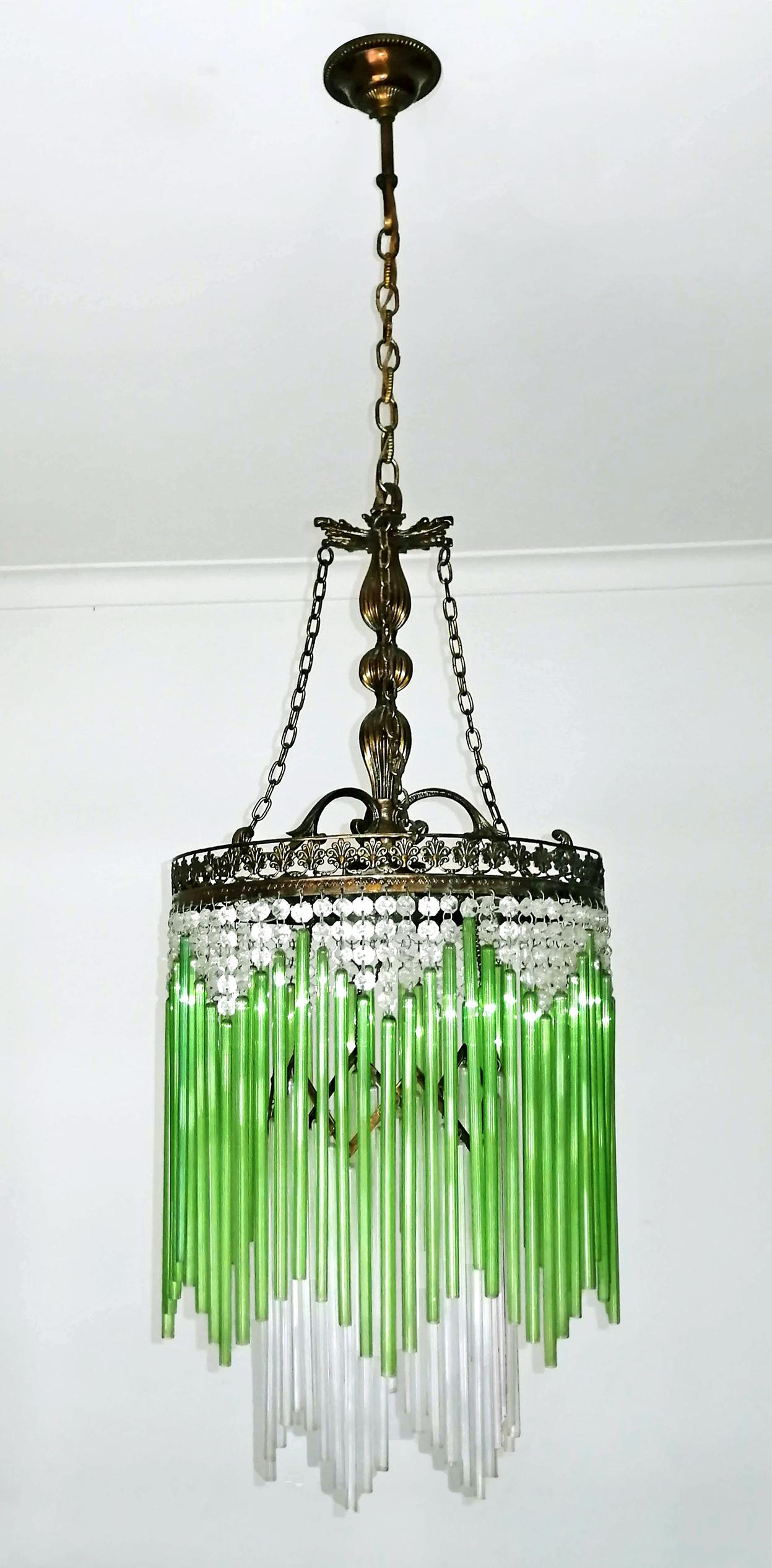 Art Deco & Art Nouveau Green Glass Fringe & Crystal Beaded Glass Chandelier 1930 In Excellent Condition In Coimbra, PT