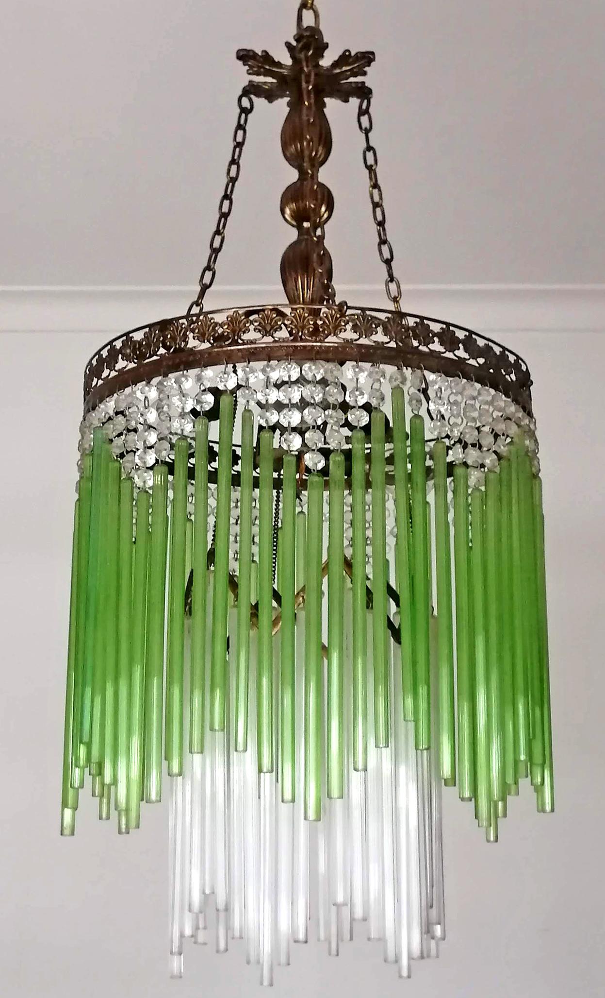20th Century Art Deco & Art Nouveau Green Glass Fringe & Crystal Beaded Glass Chandelier 1930