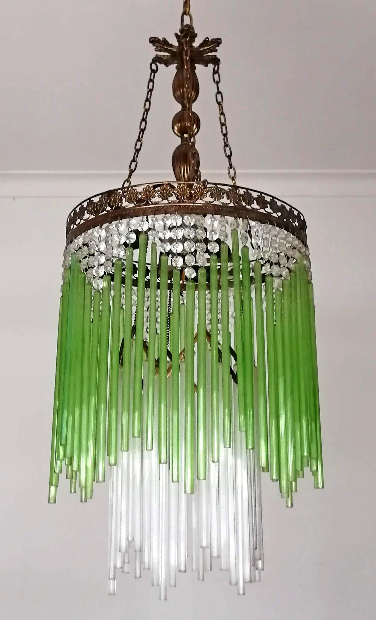 Art Deco & Art Nouveau Green Glass Fringe & Crystal Beaded Glass Chandelier 1930 1