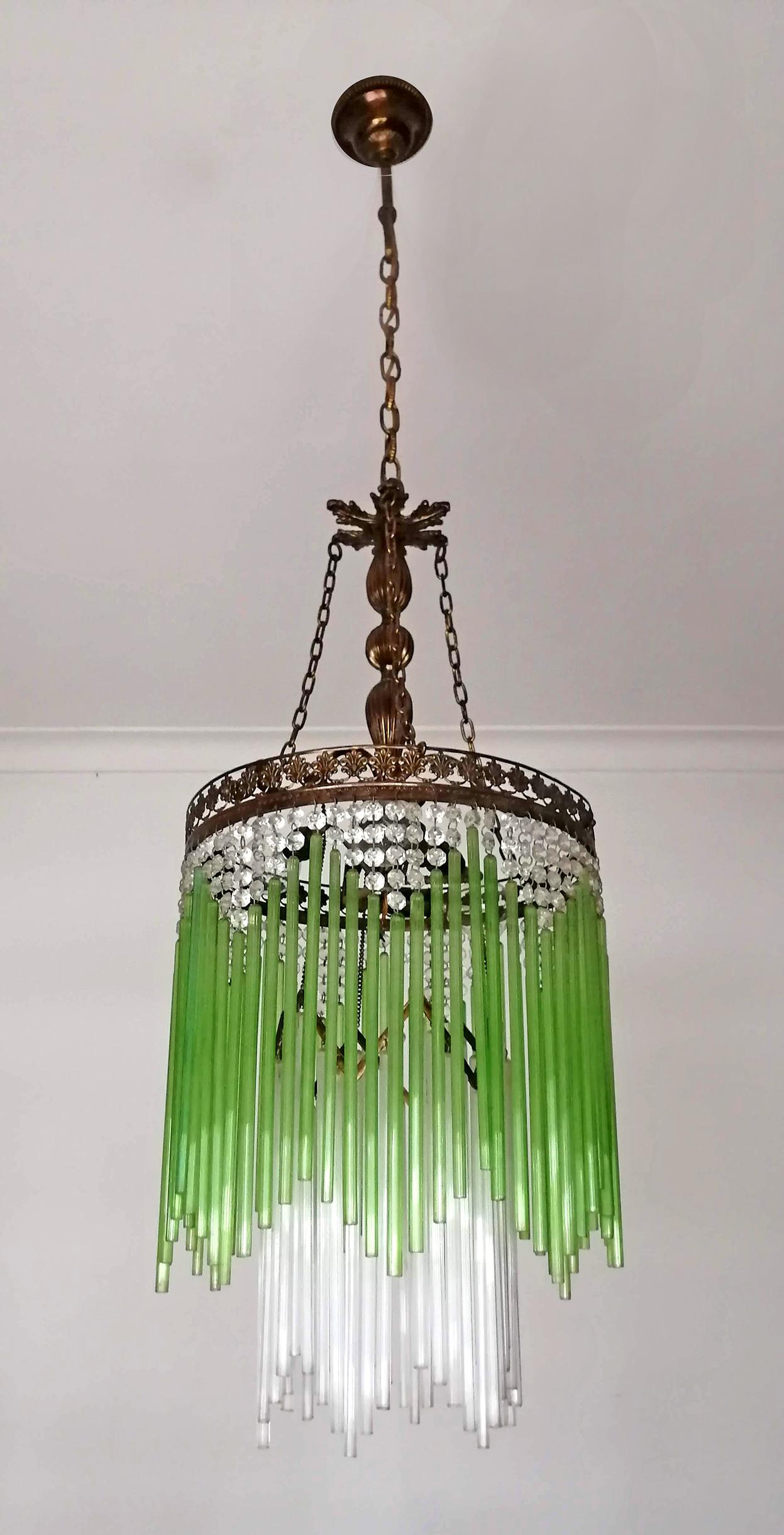Art Deco & Art Nouveau Green Glass Fringe & Crystal Beaded Glass Chandelier 1930 2