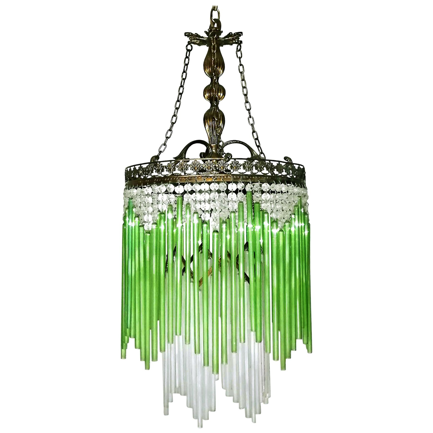 Art Deco & Art Nouveau Green Glass Fringe & Crystal Beaded Glass Chandelier 1930