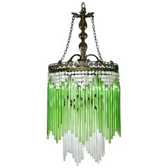 Antique Art Deco & Art Nouveau Green Glass Fringe & Crystal Beaded Glass Chandelier 1930