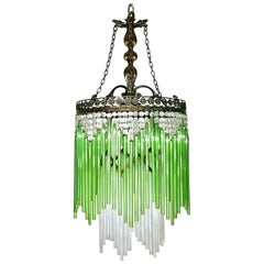 Art Deco & Art Nouveau Green Glass Fringe & Crystal Beaded Glass Chandelier 1930