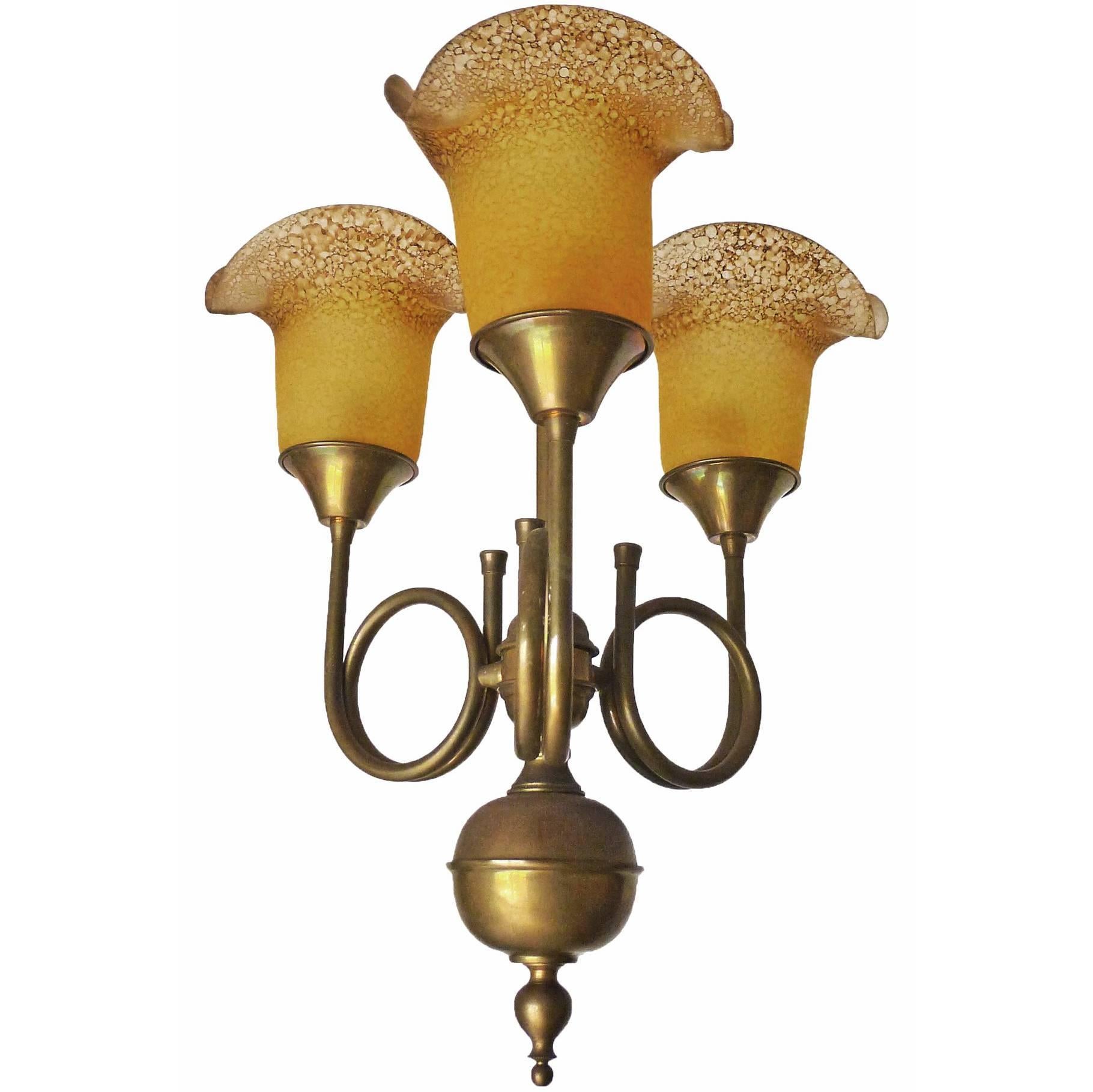 Vintage Art Deco or Art Nouveau colorful hand blown Amber art glass shades 'Hunting Horn' pâte de verre chandelier
Measures:
Diameter 16 in / 40 cm
Height 28 in/ 70 cm
Weight 6 lb. (3 kg)
Three-light bulbs E14 /60 with good working condition