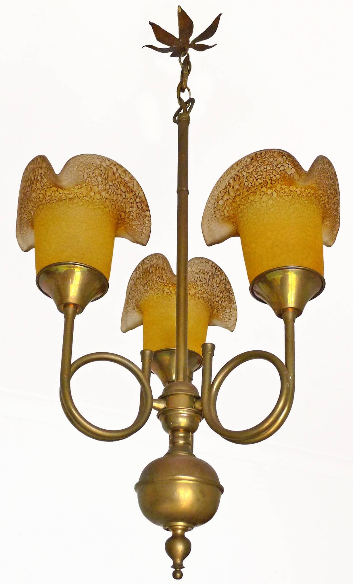 French Art Deco Art Nouveau Hunting Horn Amber Art Glass Pâte de Verre Brass Chandelier For Sale