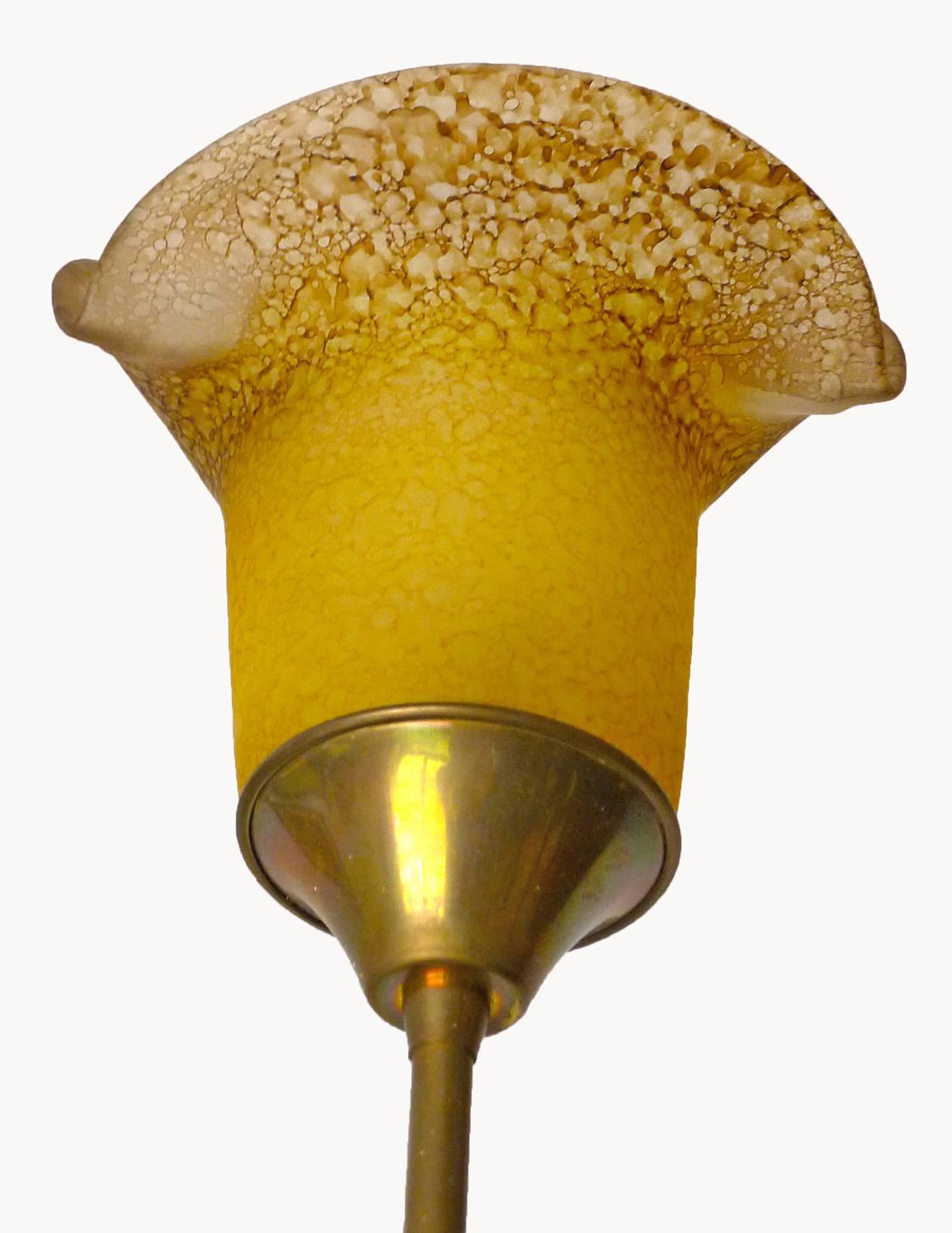 Art Deco Art Nouveau Hunting Horn Amber Art Glass Pâte De Verre Brass Chandelier In Good Condition For Sale In Coimbra, PT
