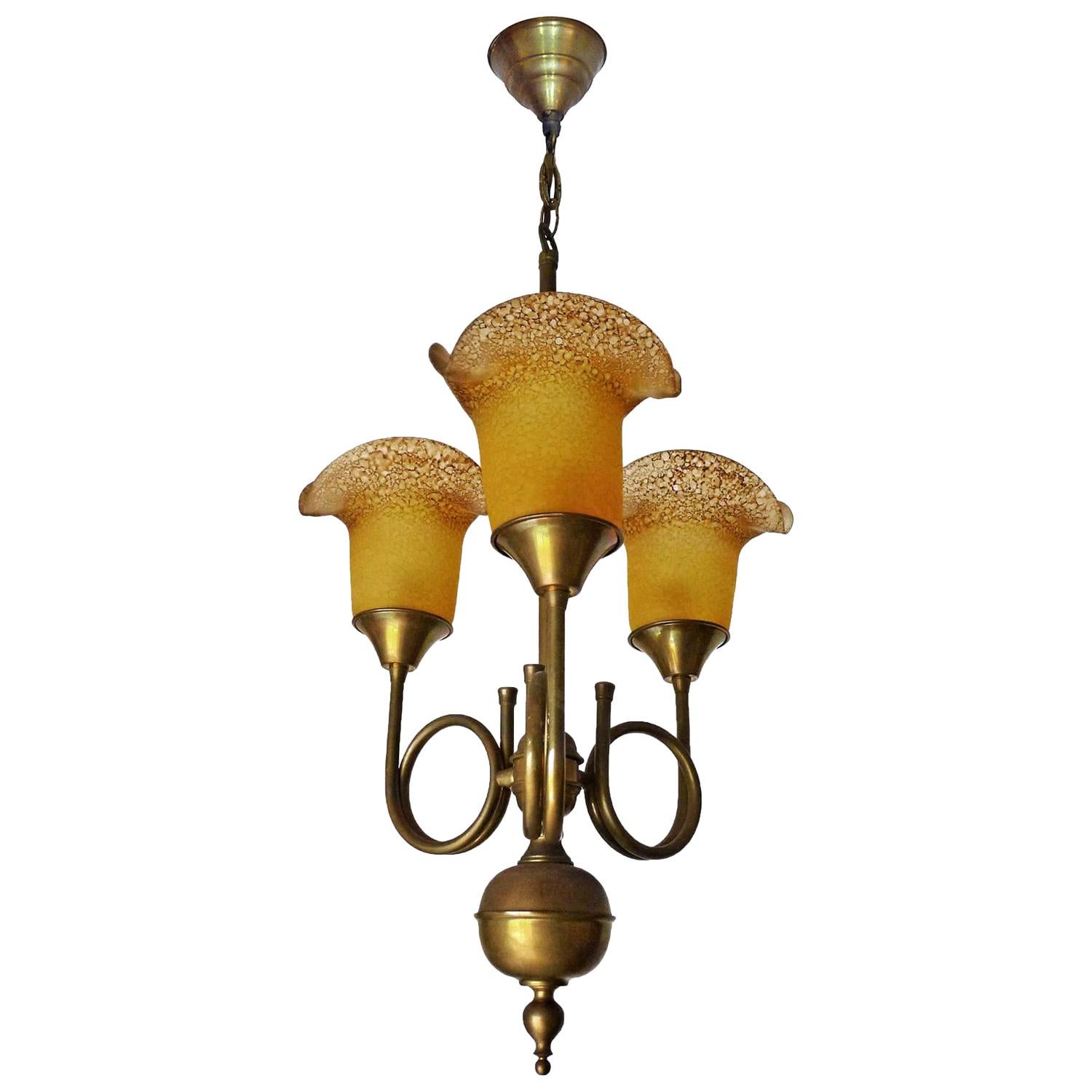 Art Deco Art Nouveau Hunting Horn Amber Art Glass Pâte De Verre Brass Chandelier