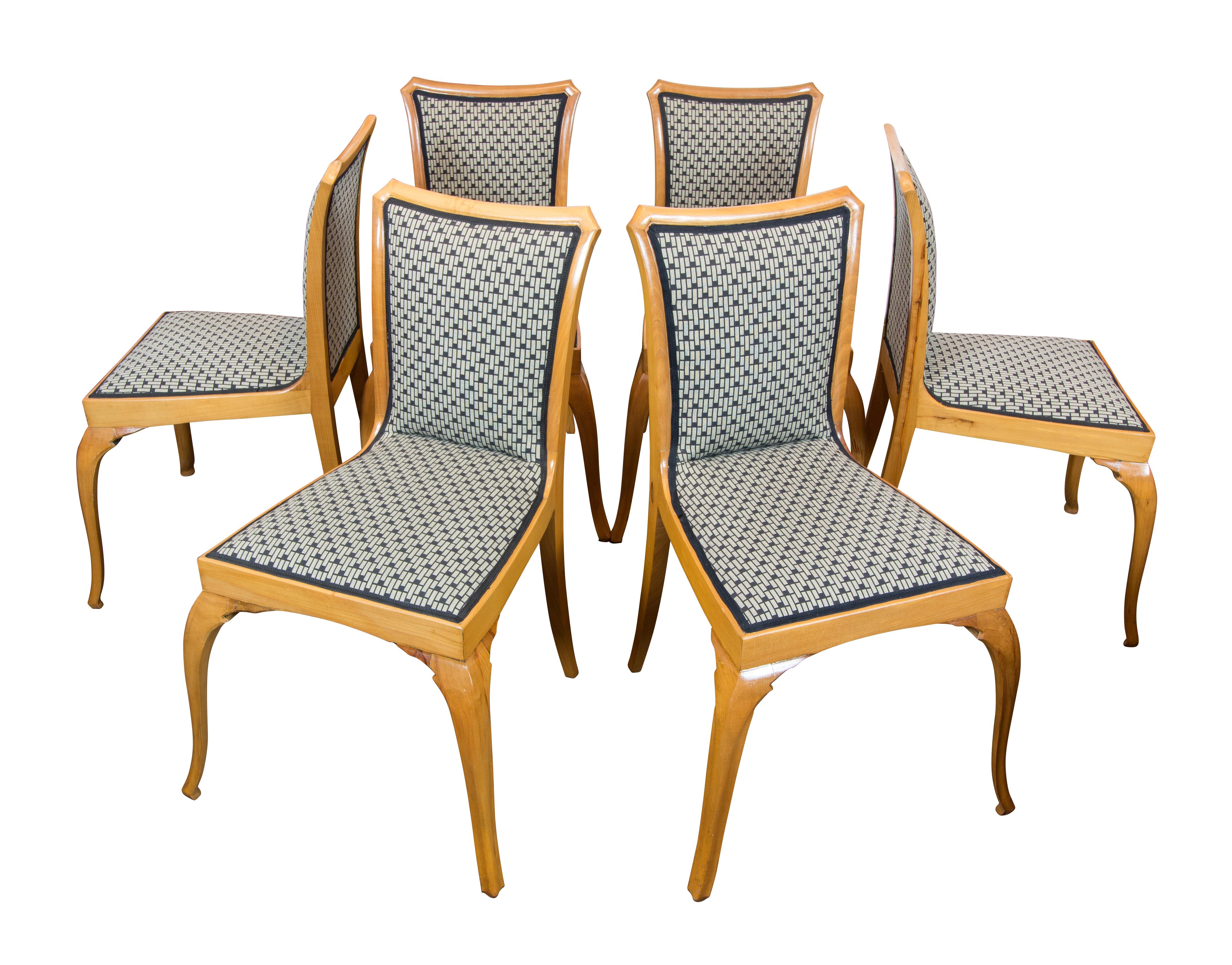 Polished Art Deco / Art Nouveau Pearwood Dinning Set: Table and Set of Six Chairs For Sale