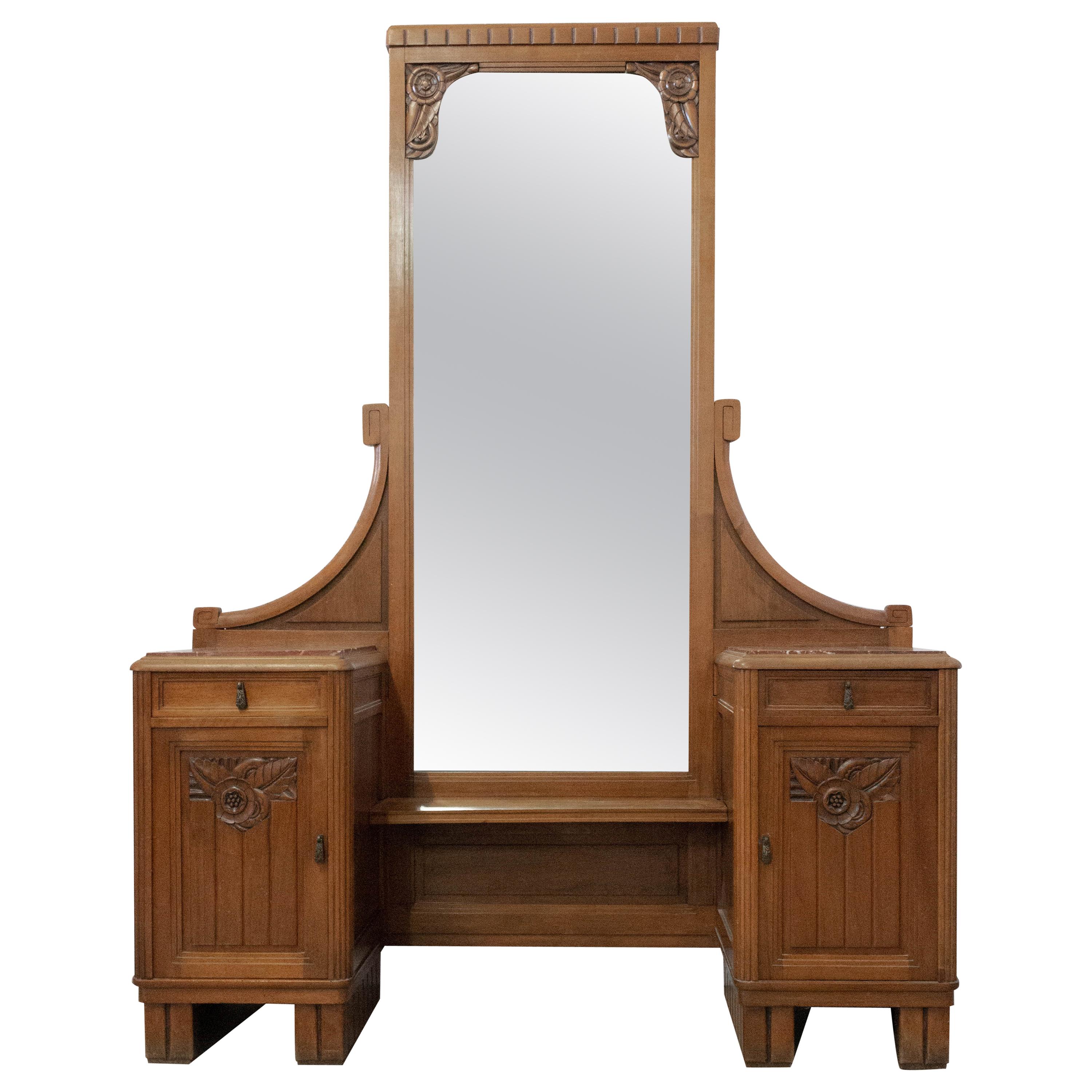 Art Deco Art Nouveau Psyche Full Length Mirror Dressing Table Red Marble Top For Sale