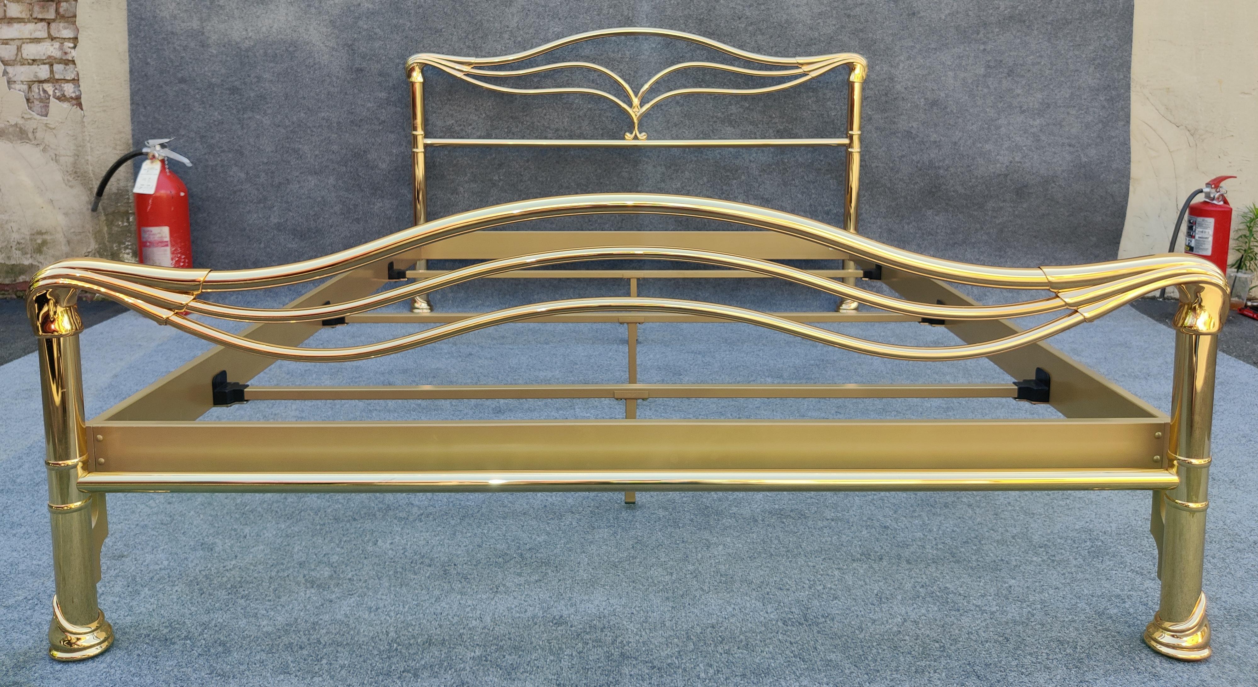 This rare brass bed was made in the 1970s by exclusive manufacturer Armoni Essebi in Italy. Little is known about the maker, other than that their beds were extremely high quality. Due to the limited number of beds, we have concluded that each bed