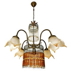 Art Deco Art Nouveau Tulip Flower & Amber & Clear Beaded Glass Fringe Chandelier