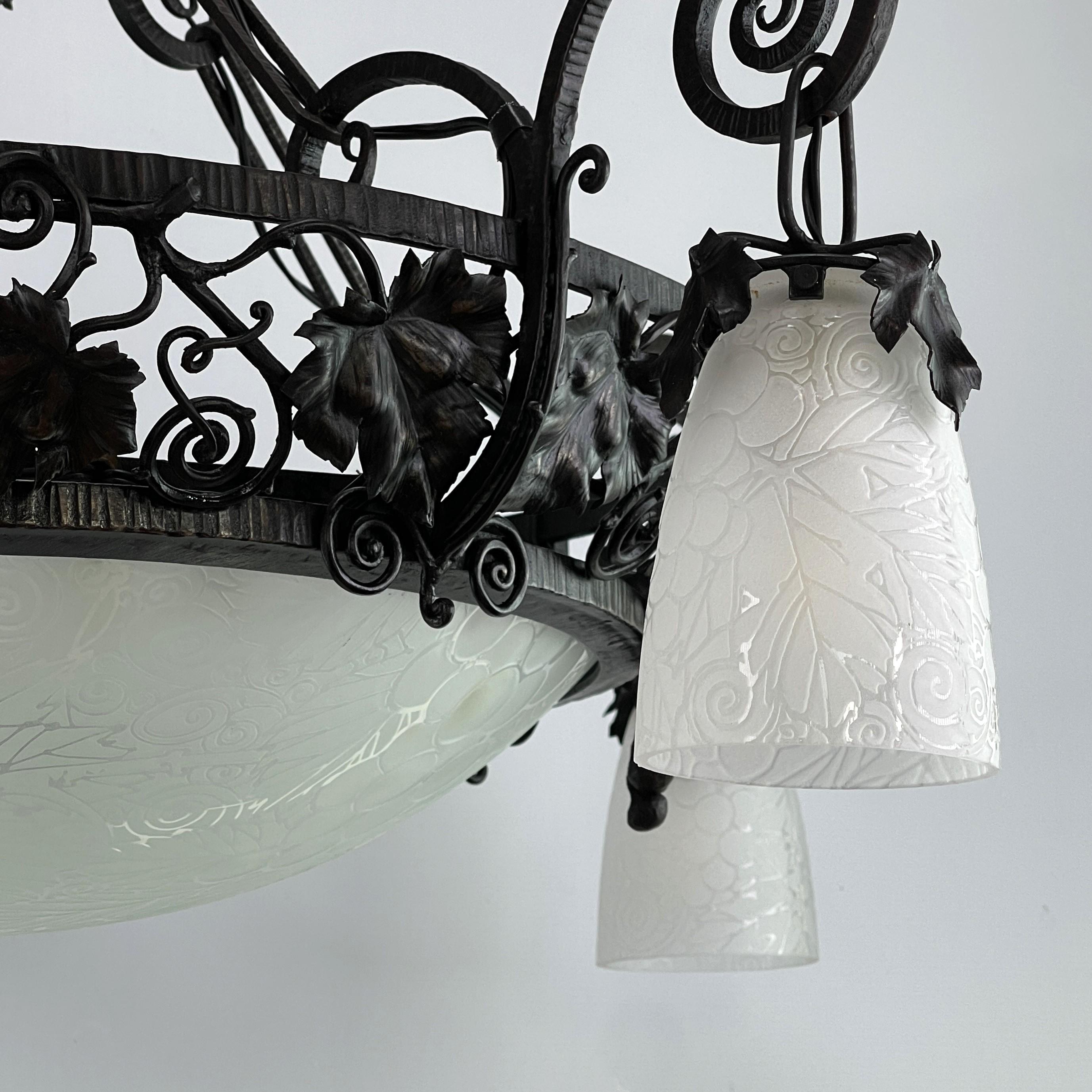 Glass Art Deco / Art Nouveau  wrought iron Ceiling Lamp, 1920s For Sale