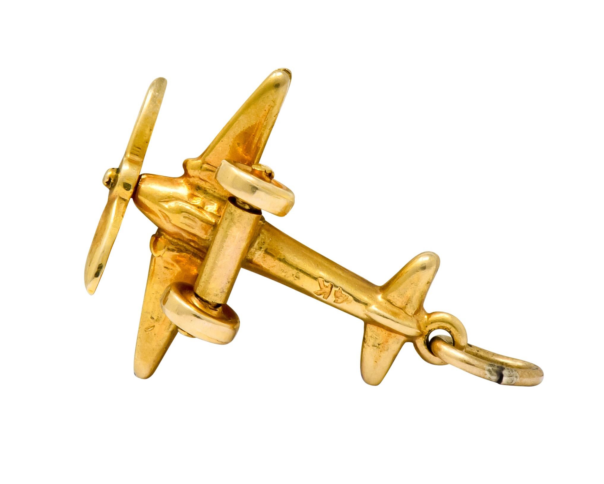 Art Deco Articulated 14 Karat Gold Propeller Plane Charm, circa 1930 4