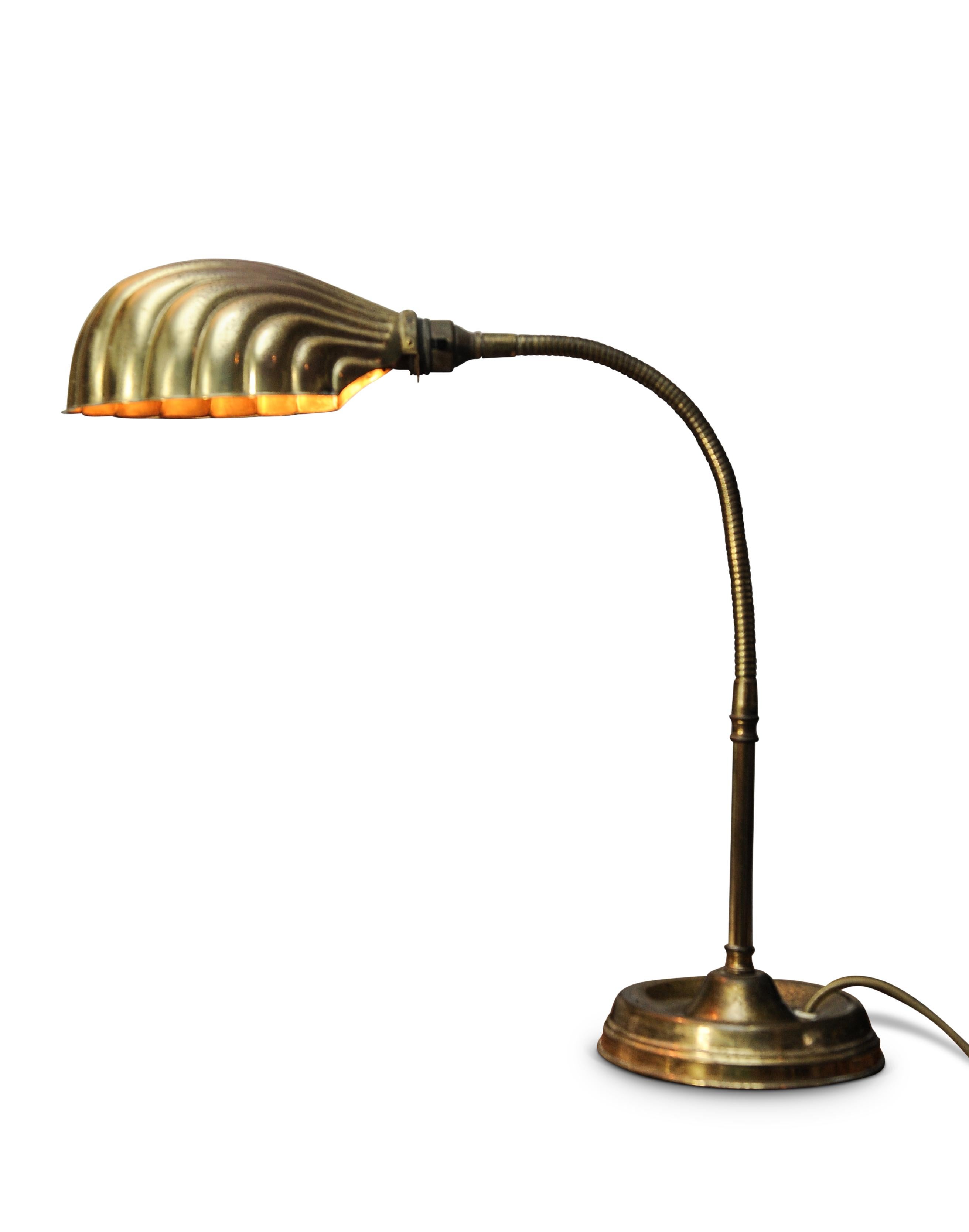 Art Deco Articulated Brass Gooseneck Desk Lamp with Decorated Shell ...