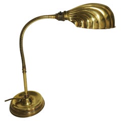Art Deco Articulated Brass Gooseneck Desk Lamp with Decorated Shell Shade, 1920s