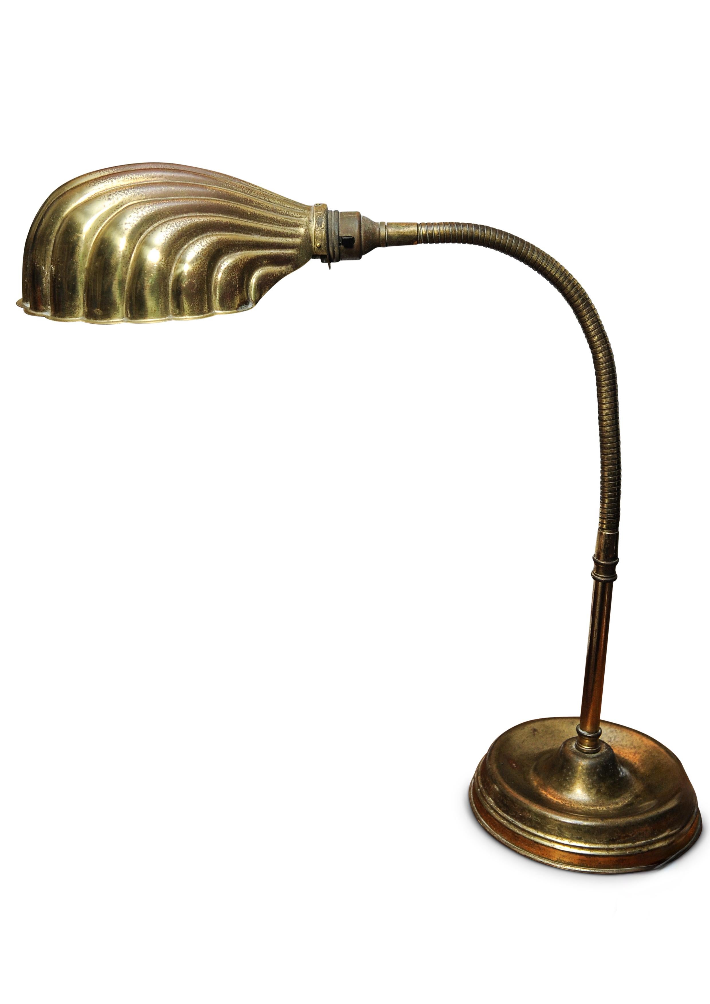 French Art Deco Articulated Brass Gooseneck Desk Lamp with Decorated Shell Shade, 1920s