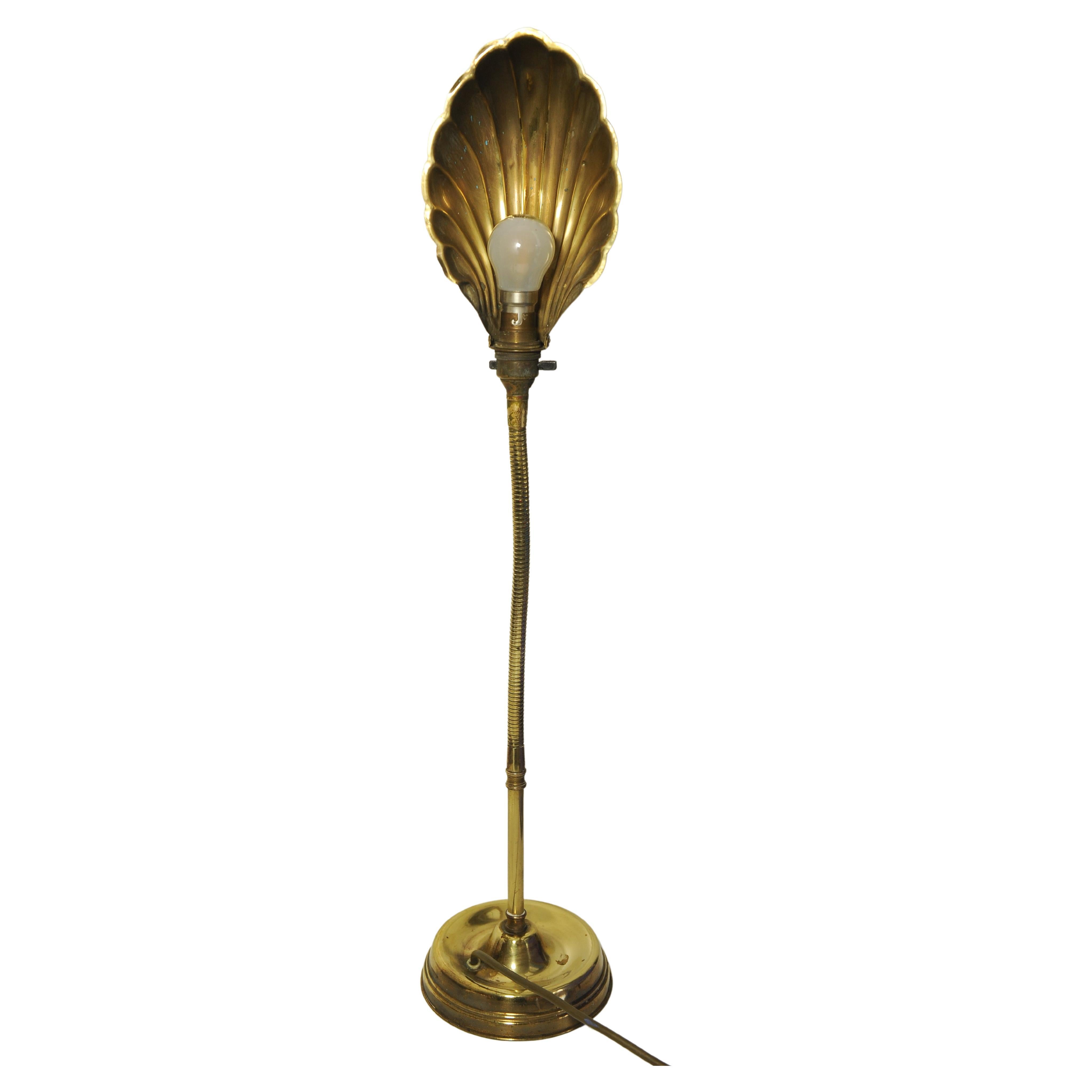 French Art Deco Articulated Brass Gooseneck Desk Lamp with Decorated Shell Shade, 1920s