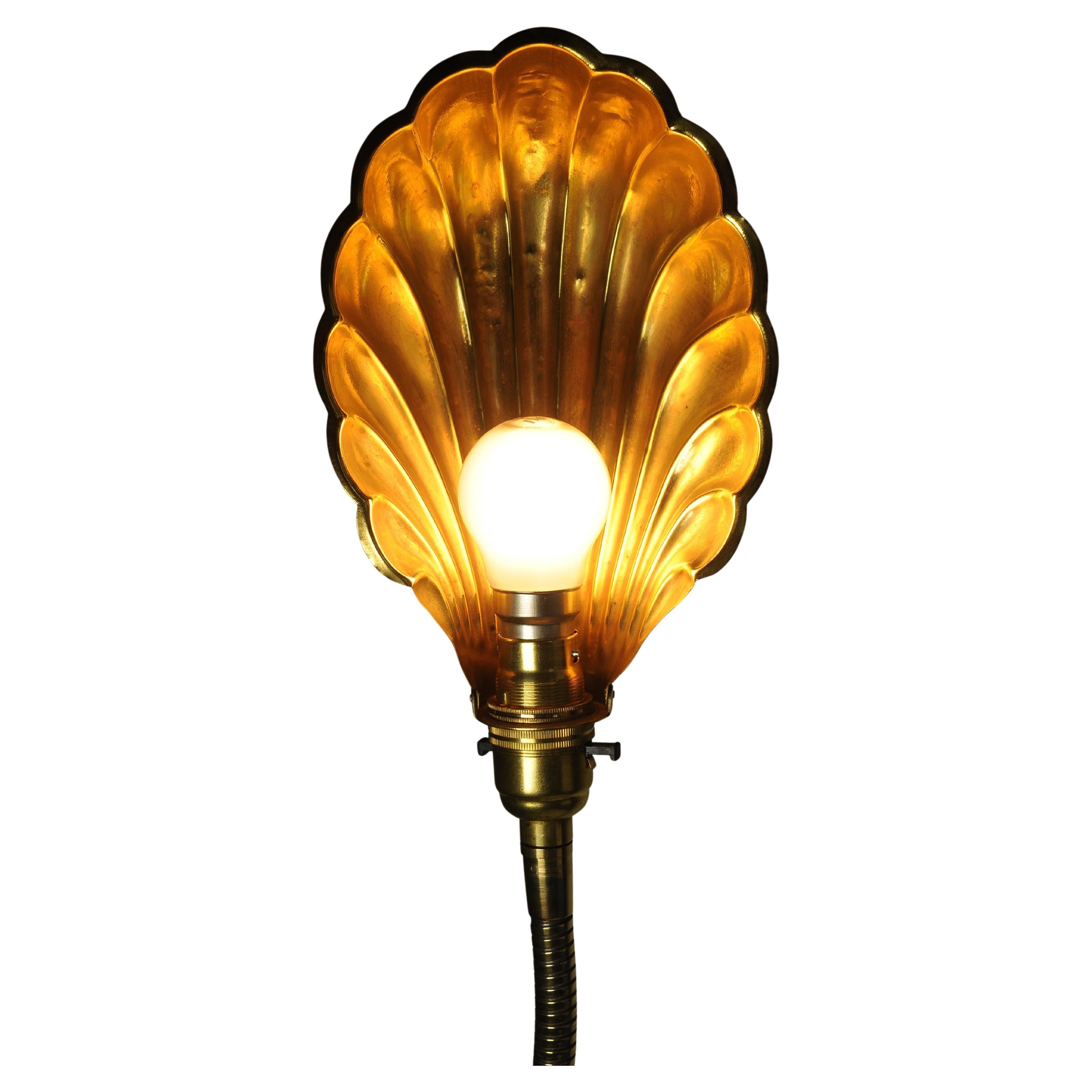 French Art Deco Articulated Brass Gooseneck Desk Lamp with Decorated Shell Shade, 1920s For Sale
