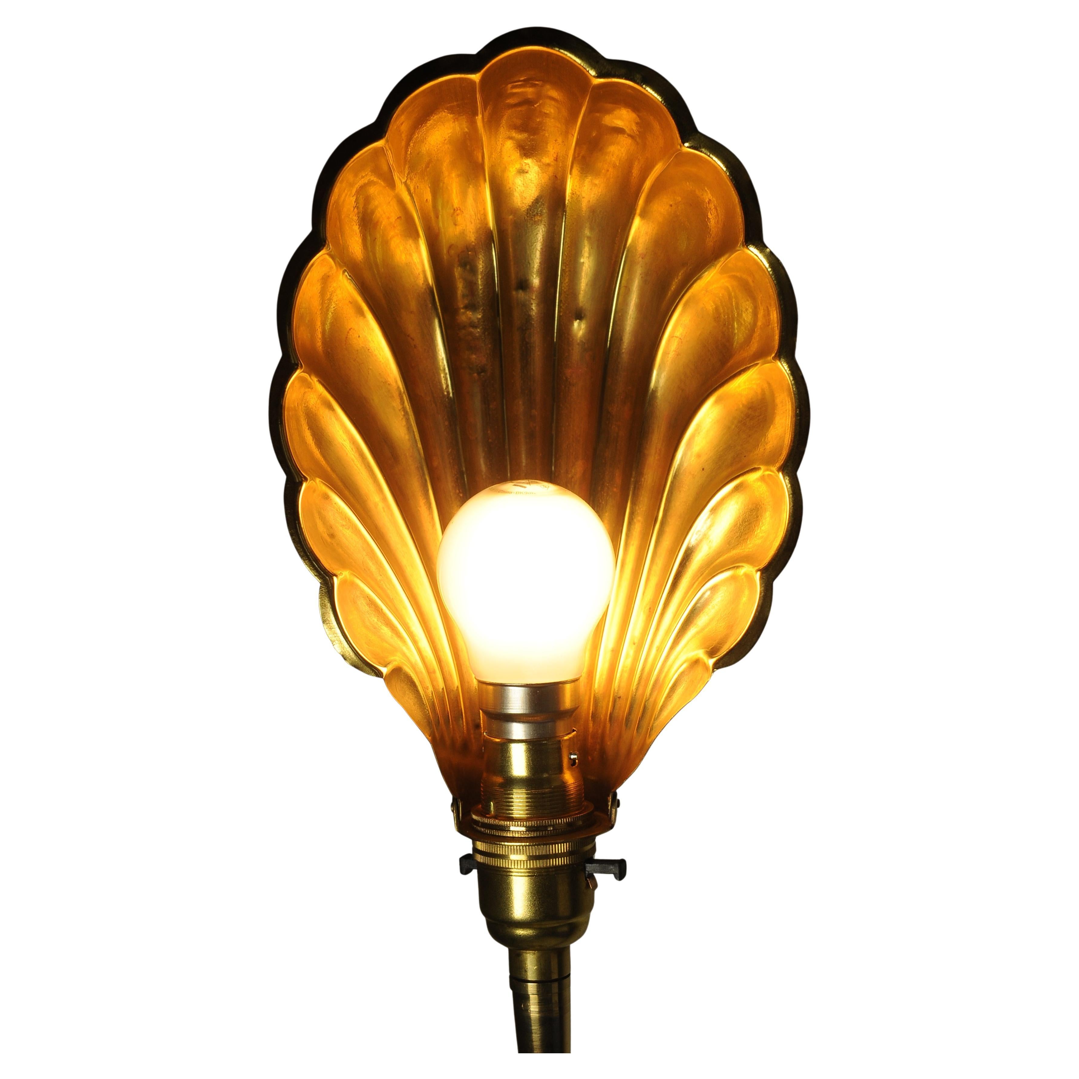 French Art Deco Articulated Brass Gooseneck Desk Lamp with Decorated Shell Shade, 1920s For Sale