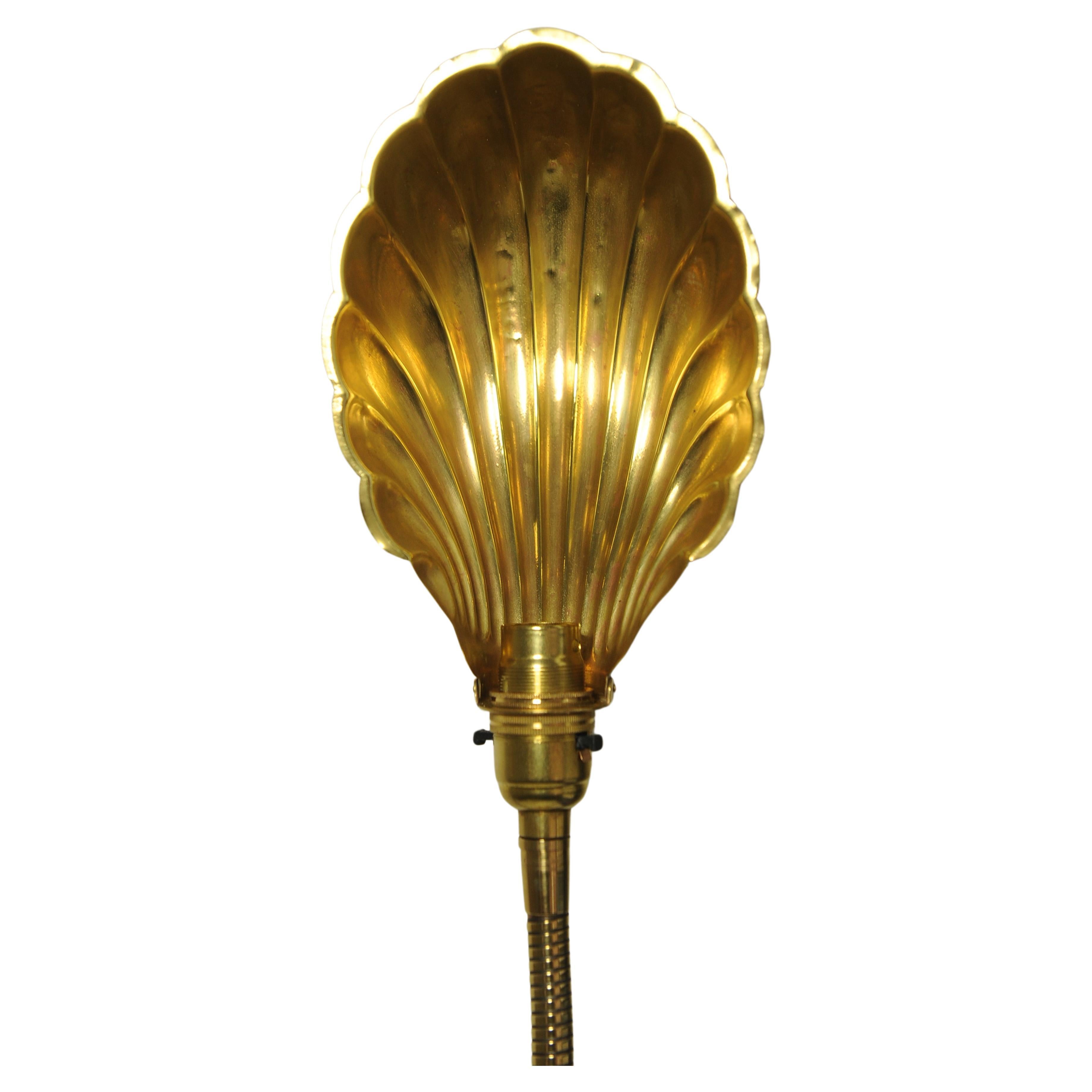 Hand-Crafted Art Deco Articulated Brass Gooseneck Desk Lamp with Decorated Shell Shade, 1920s