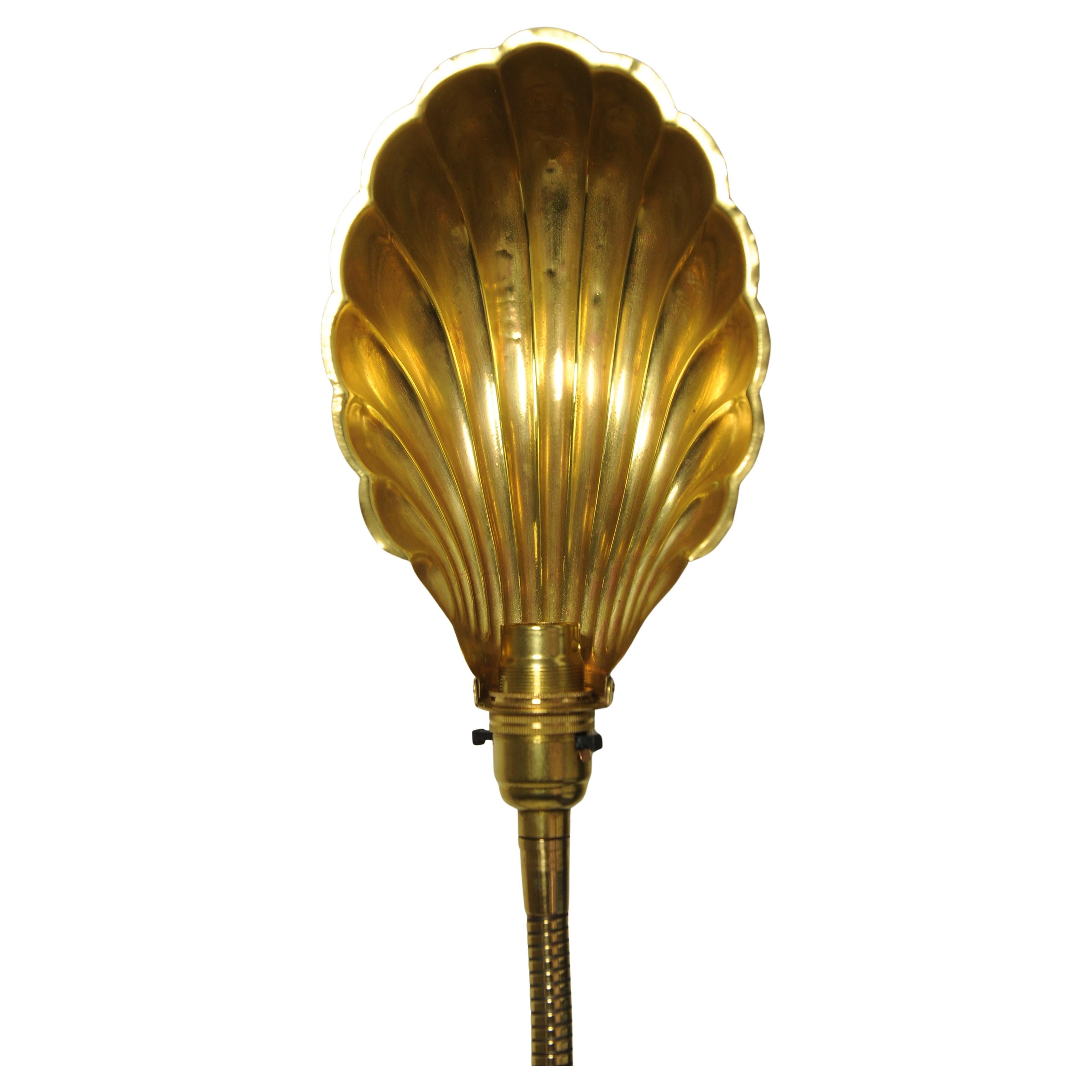 Hand-Crafted Art Deco Articulated Brass Gooseneck Desk Lamp with Decorated Shell Shade, 1920s For Sale