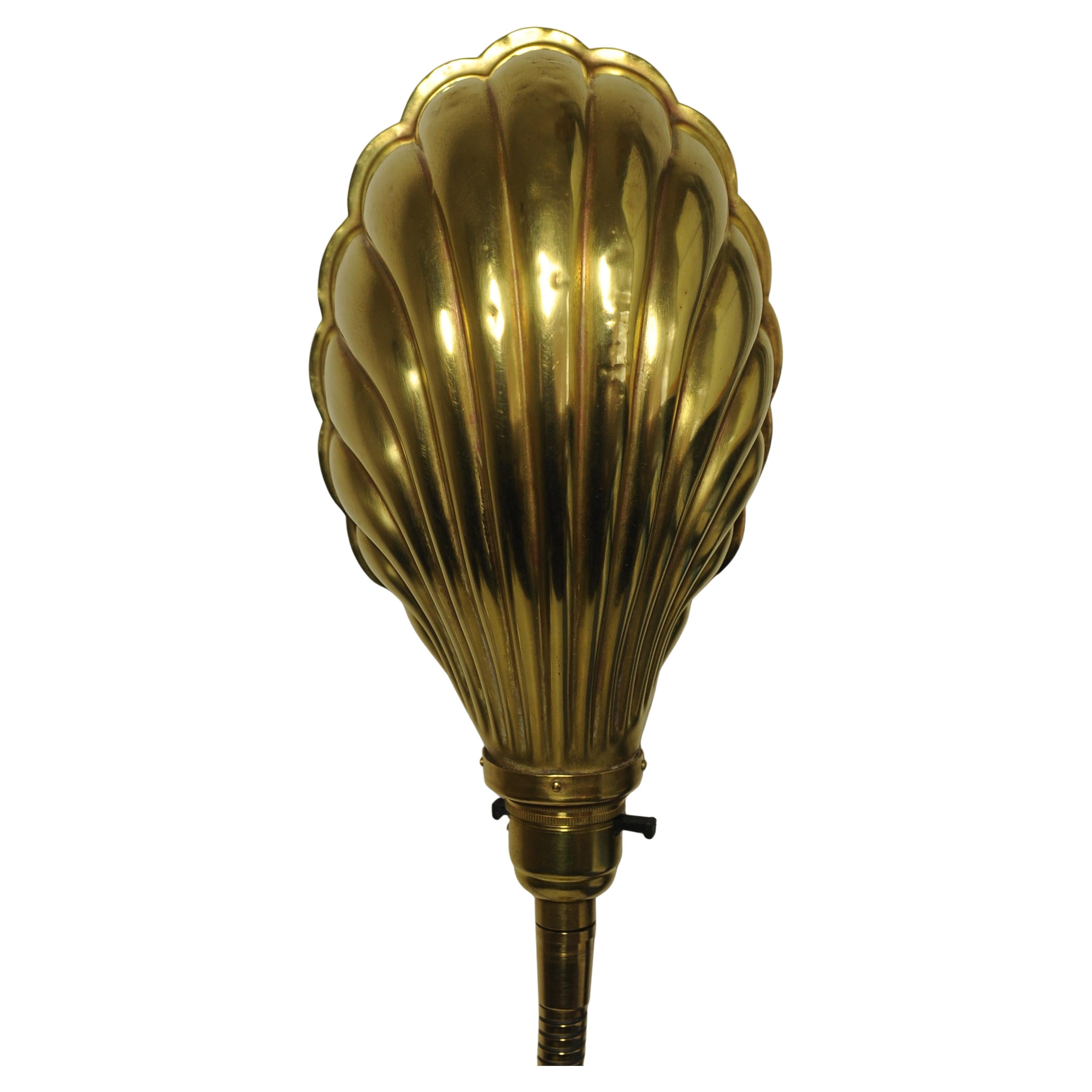 Hand-Crafted Art Deco Articulated Brass Gooseneck Desk Lamp with Decorated Shell Shade, 1920s For Sale