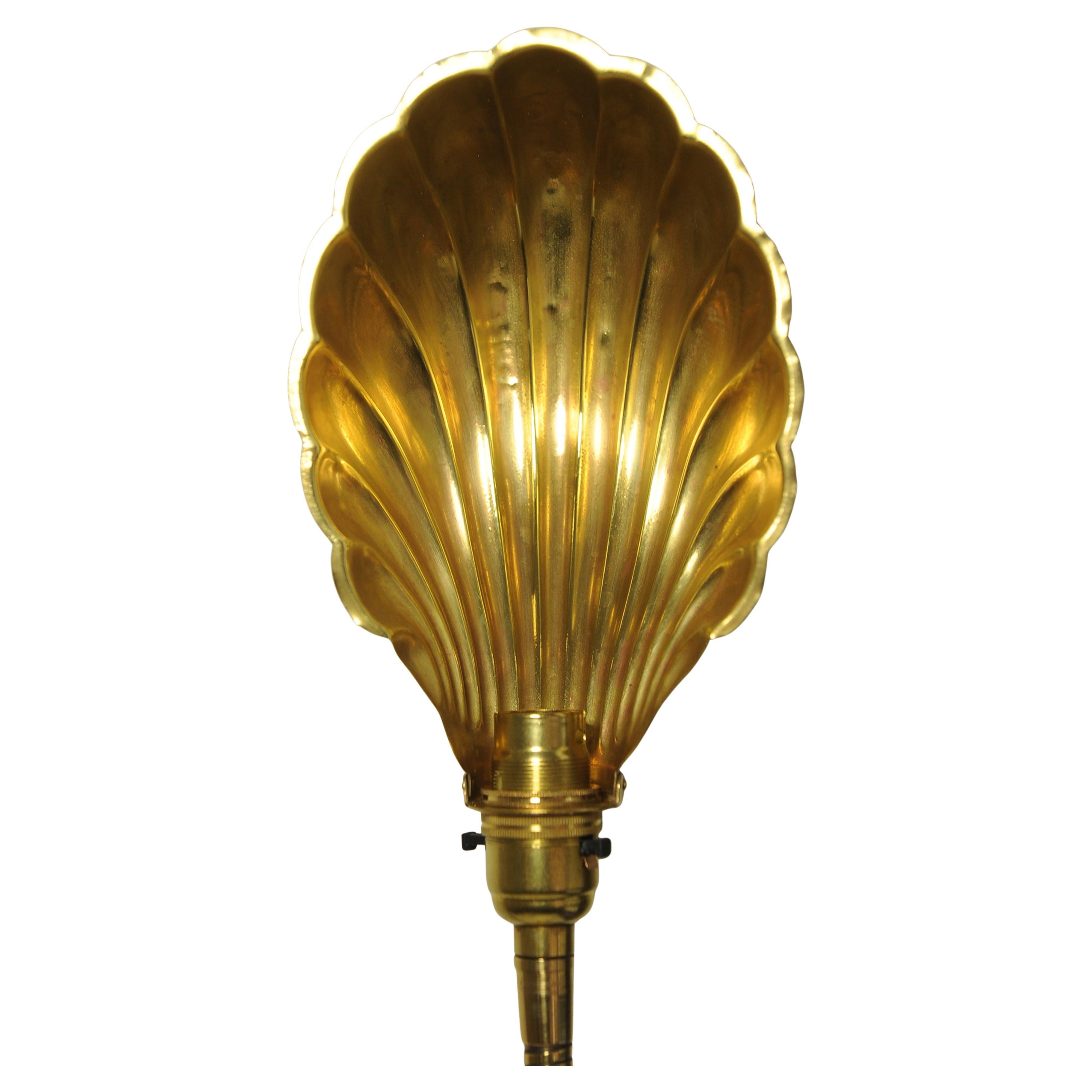 Art Deco Articulated Brass Gooseneck Desk Lamp with Decorated Shell Shade, 1920s In Good Condition For Sale In Reading, Berkshire