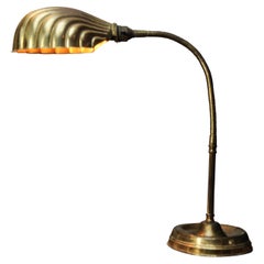 Antique Art Deco Articulated Brass Gooseneck Desk Lamp with Decorated Shell Shade, 1920s