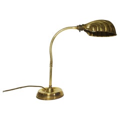 Antique Art Deco Articulated Brass Gooseneck Desk Lamp with Decorated Shell Shade, 1920s