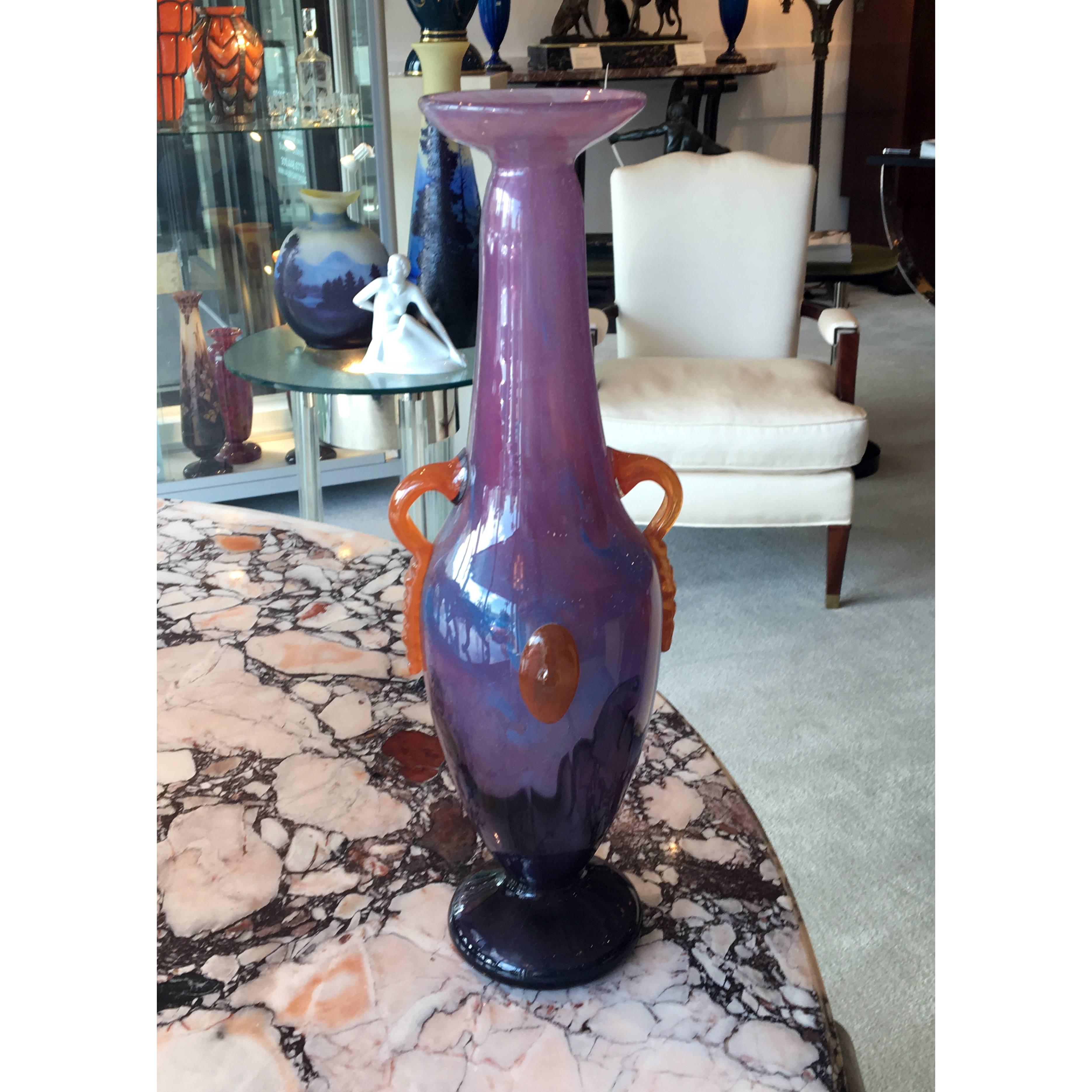 Art Deco artistic glass vase by Charles Schneider, with purple and lavender colors and applied orange glass handles and details.
   