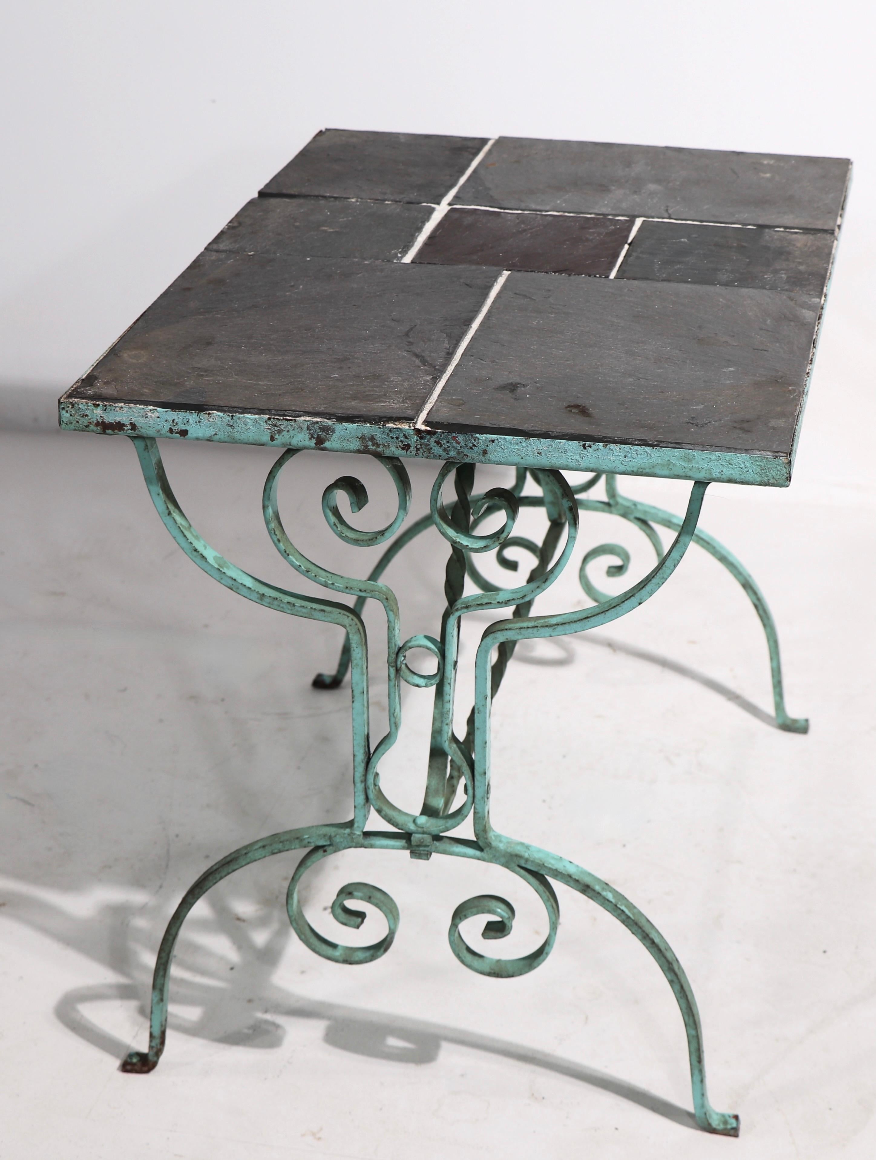 American Art Deco Arts and Crafts Wrought Iron and Slate Garden Patio Table