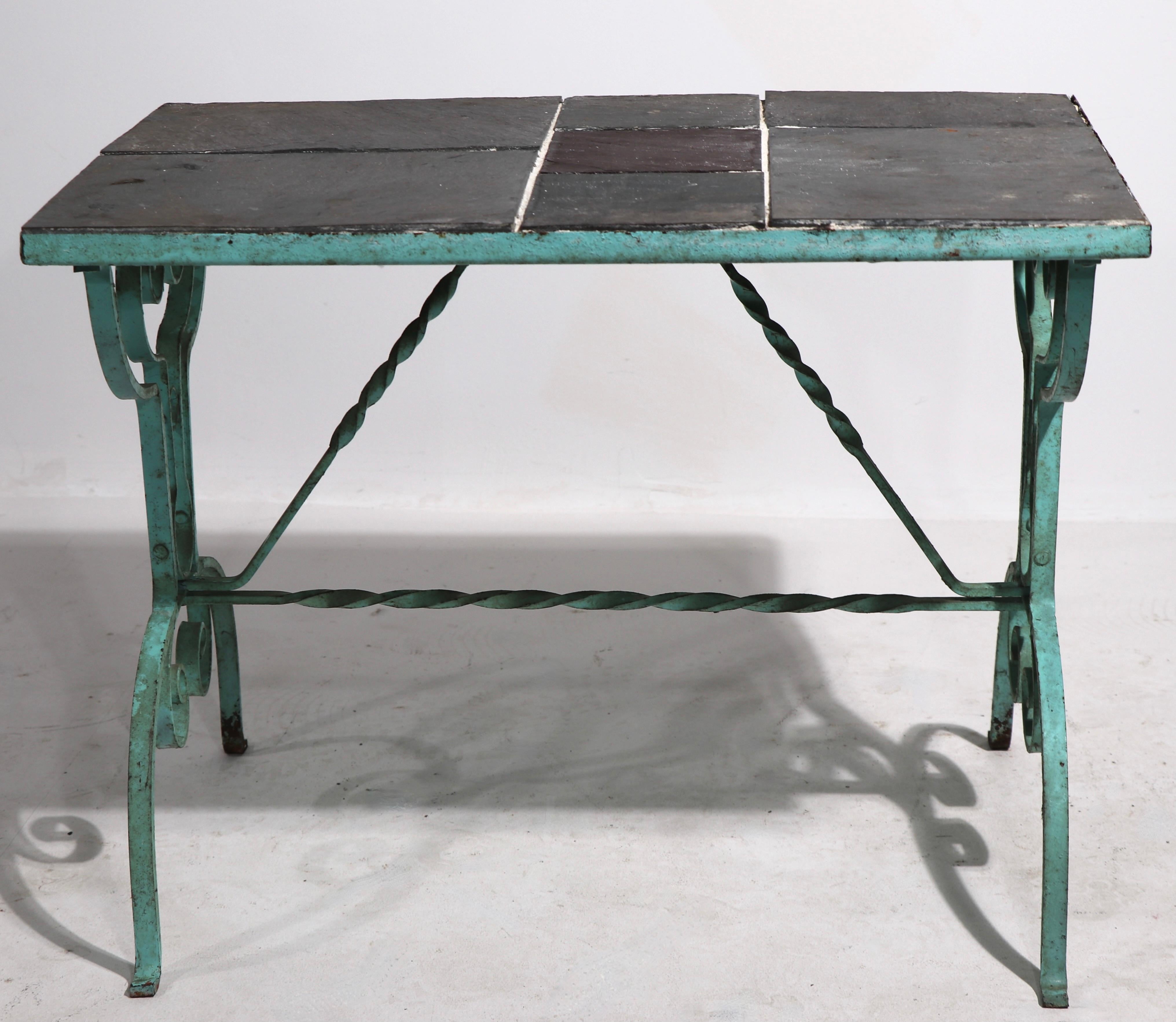 Art Deco Arts and Crafts Wrought Iron and Slate Garden Patio Table In Good Condition In New York, NY