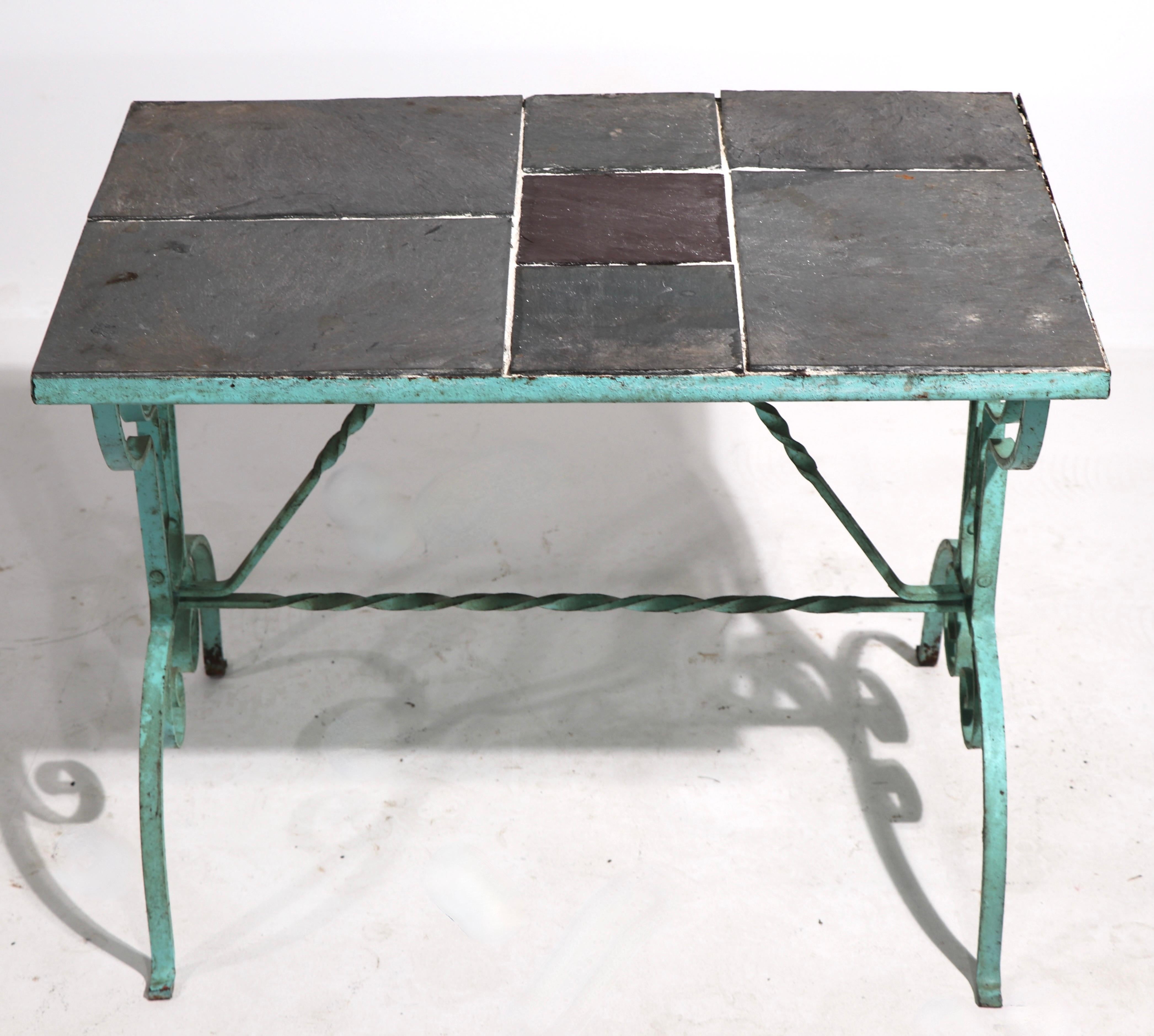 20th Century Art Deco Arts and Crafts Wrought Iron and Slate Garden Patio Table