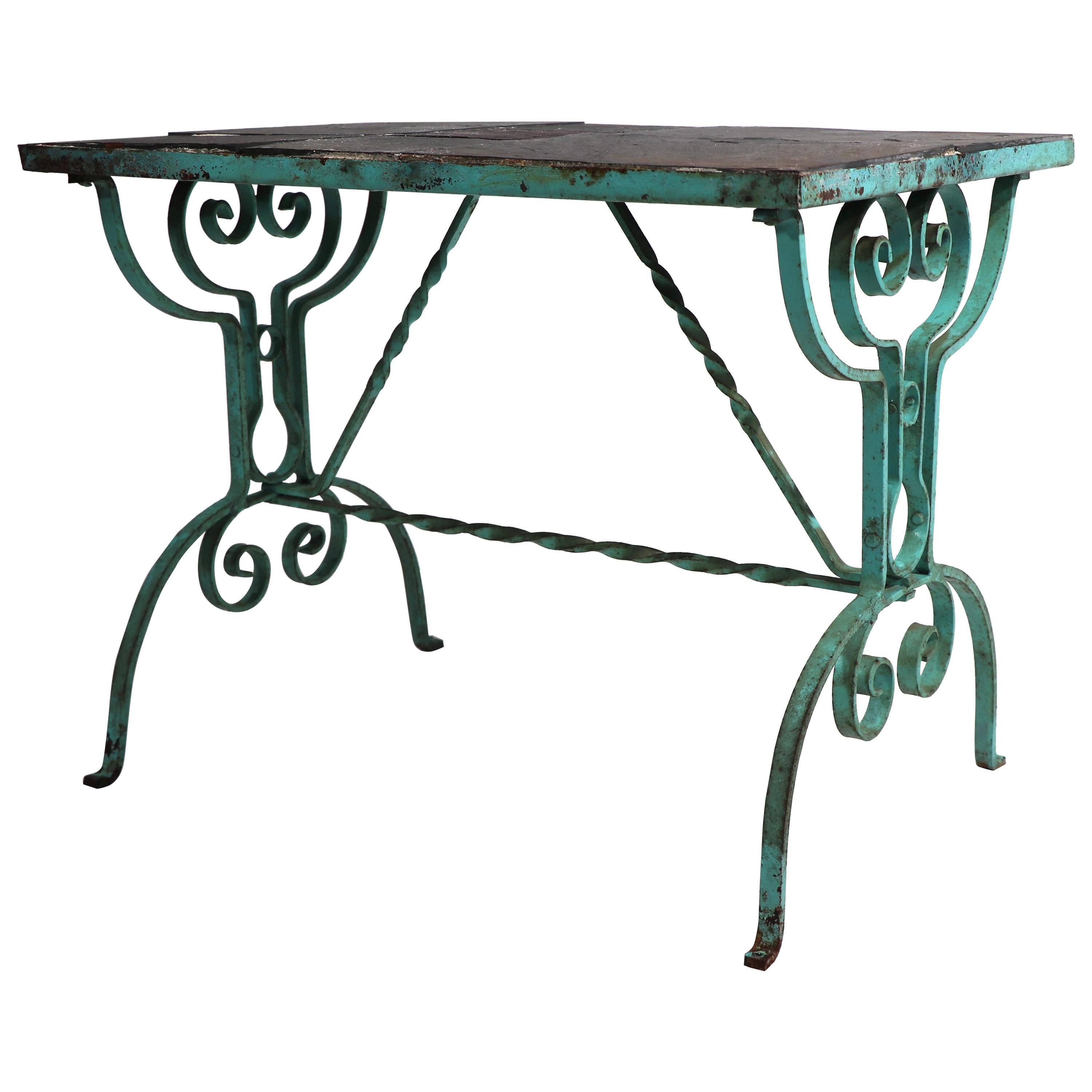 Art Deco Arts and Crafts Wrought Iron and Slate Garden Patio Table