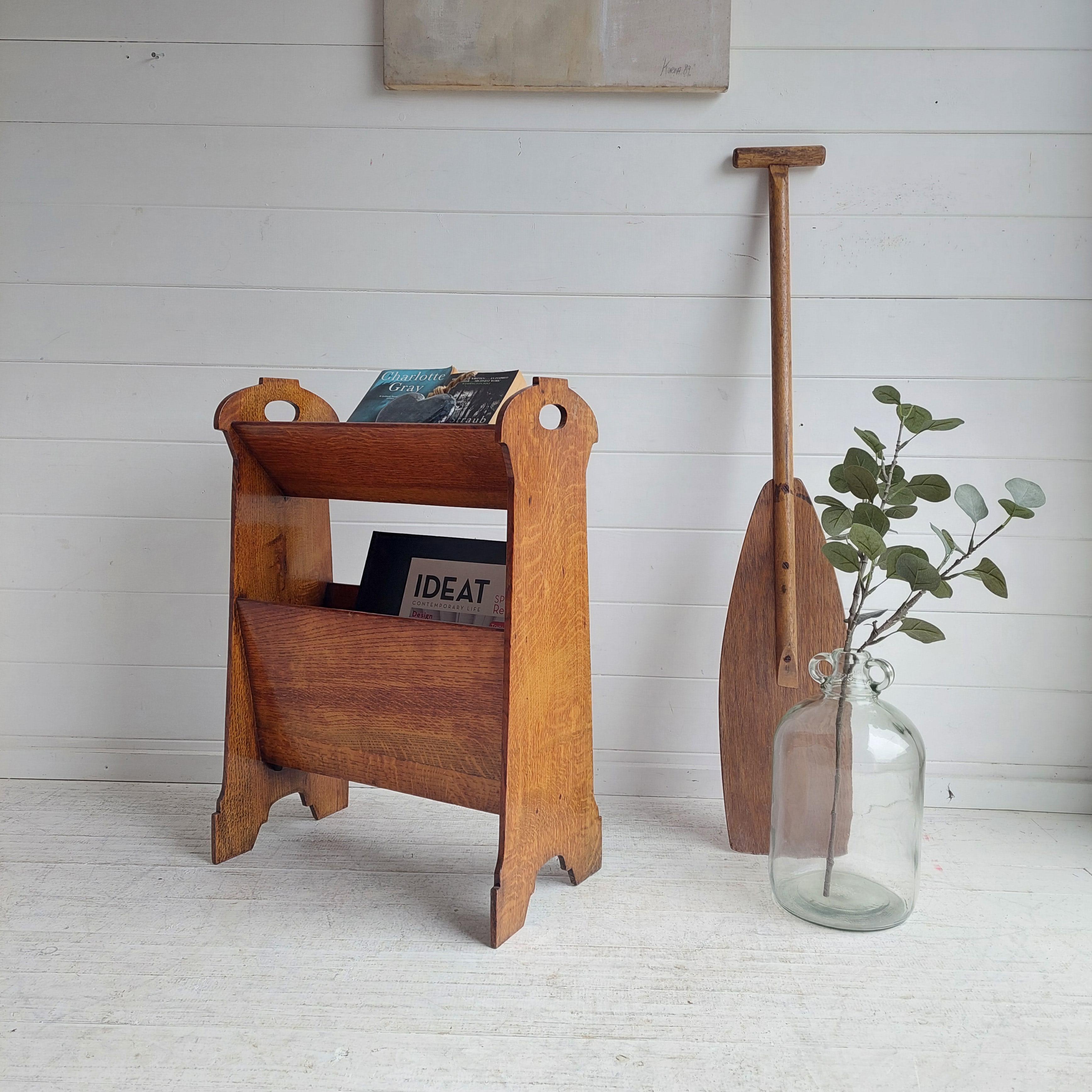 British Art Deco Arts & Crafts Free Standing oak Book trough Magazine Rack, Stand 30s