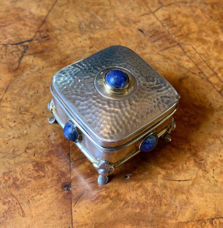 Arts and Crafts Art Deco Arts & Crafts Lapis Lazuli Sterling Silver Box Pill Jewelry Ring Box For Sale