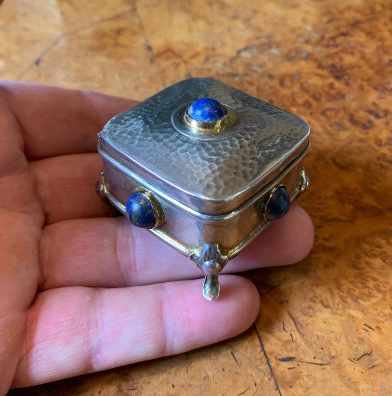 Cabochon Art Deco Arts & Crafts Lapis Lazuli Sterling Silver Box Pill Jewelry Ring Box For Sale