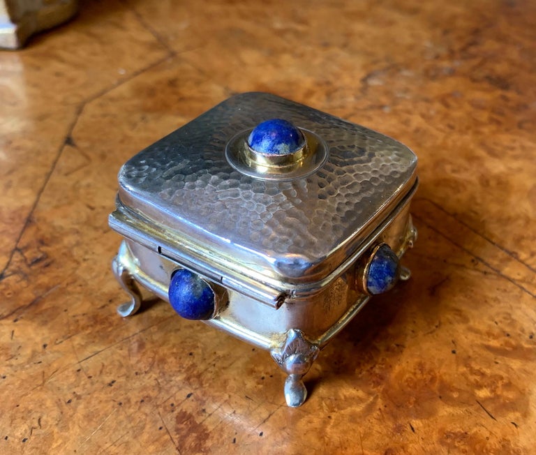 Women's or Men's Art Deco Arts & Crafts Lapis Lazuli Sterling Silver Box Pill Jewelry Ring Box For Sale