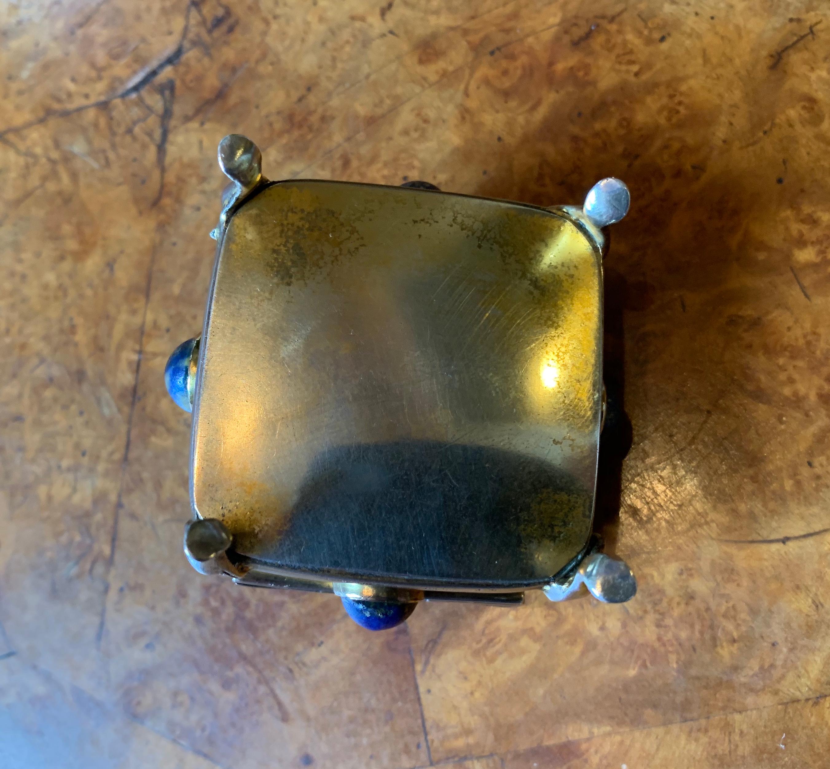 Art Deco Arts & Crafts Lapis Lazuli Sterling Silver Box Pill Jewelry Ring Box In Good Condition In New York, NY