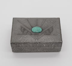 Art Deco / Arts & Crafts Zinnkasten Grünes Glas Cabochon Schatulle Sonnenaufgang