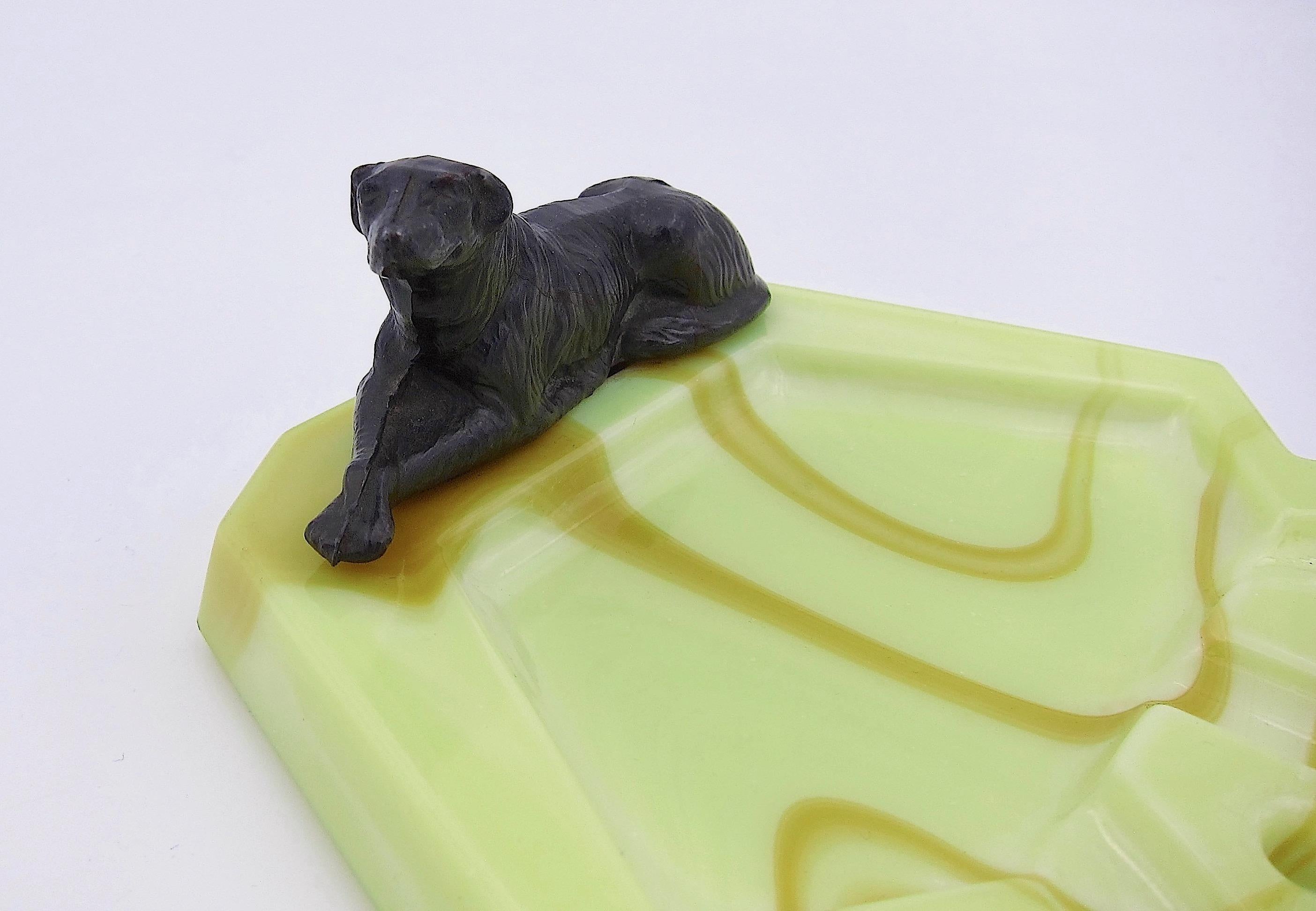 American Art Deco Ashtray or Catchall Dish in Marbleized Glass with Metal Borzoi Hound